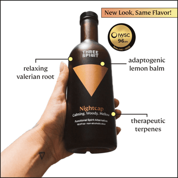 Three Spirits Nightcap 0.0% non-alcoholic botanical tonic, used to make an earthy calming mocktail