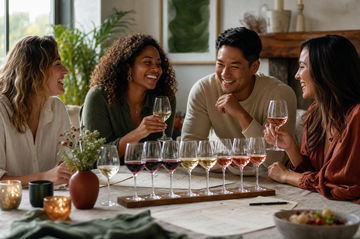 Friends laughing around a table with a flight of wine glasses at a home tasting