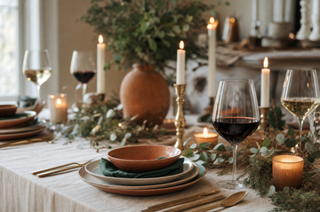 A holiday table set for guests with candles, evergreen and eucalyptus, and glasses of red and white wine poured