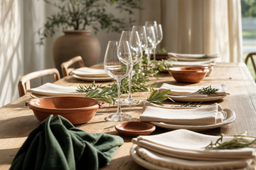 A long wooden dining table set for guests in warm afternoon light, with a row of empty wine glasses, cream linen napkins, terracotta bowls and sprigs of olive and rosemary.