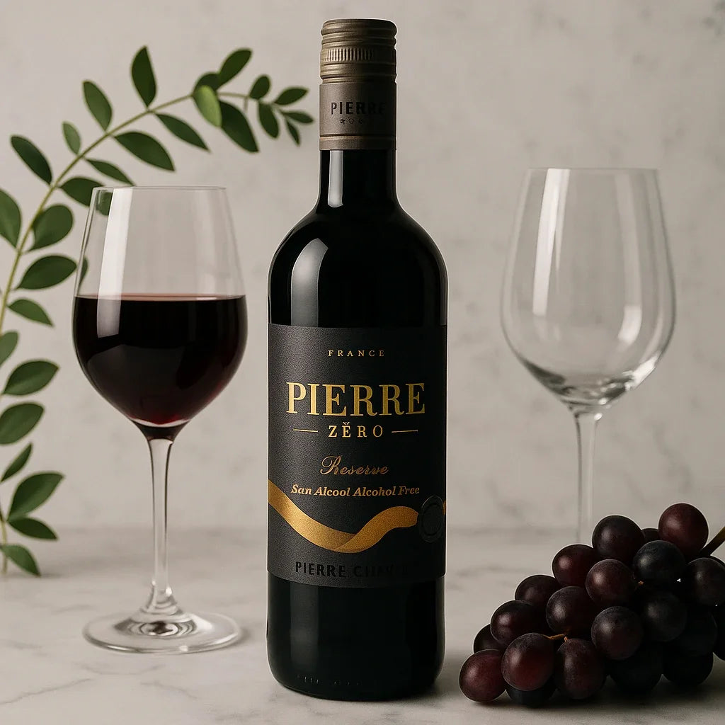Bottle of Pierre Zéro Reserve wine with a glass of red wine and grapes on a neutral background