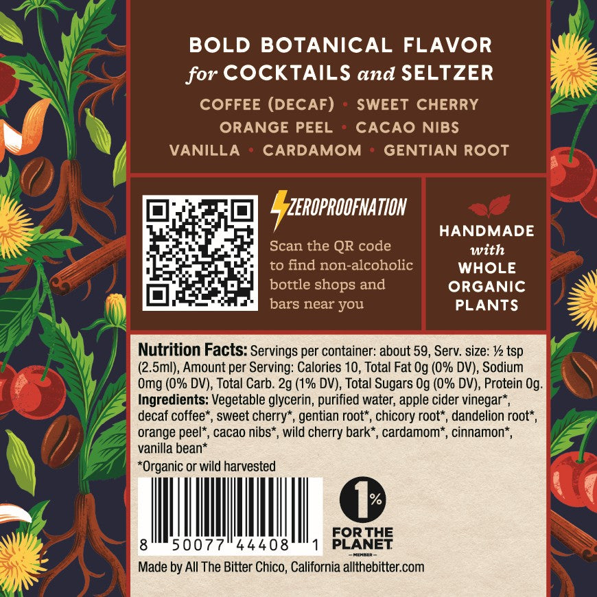Back label of All The Bitter Coffee & Cherry Bitters listing the organic botanical ingredients