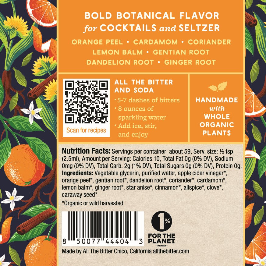 Back label of All The Bitter Orange Cardamom Bitters listing the organic botanical ingredients