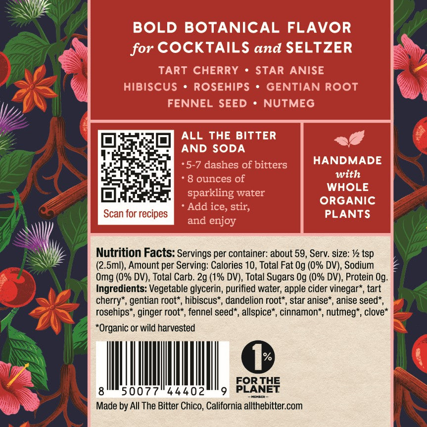 Back label of All The Bitter New Orleans Spiced Cherry Bitters listing the organic botanical ingredients