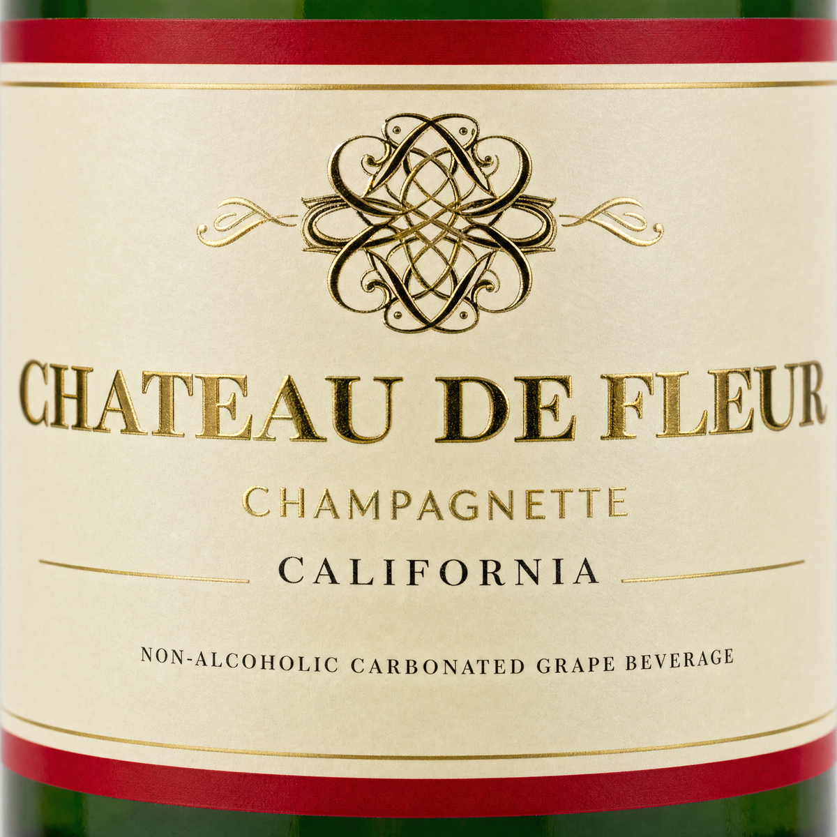 Chateau de Fleur label close-up - Champagnette, California, non-alcoholic carbonated grape beverage