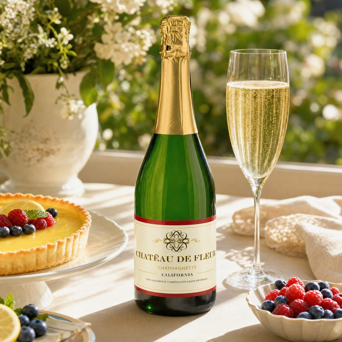 Chateau de Fleur served with lemon tart and fresh berries at a sunlit dessert table