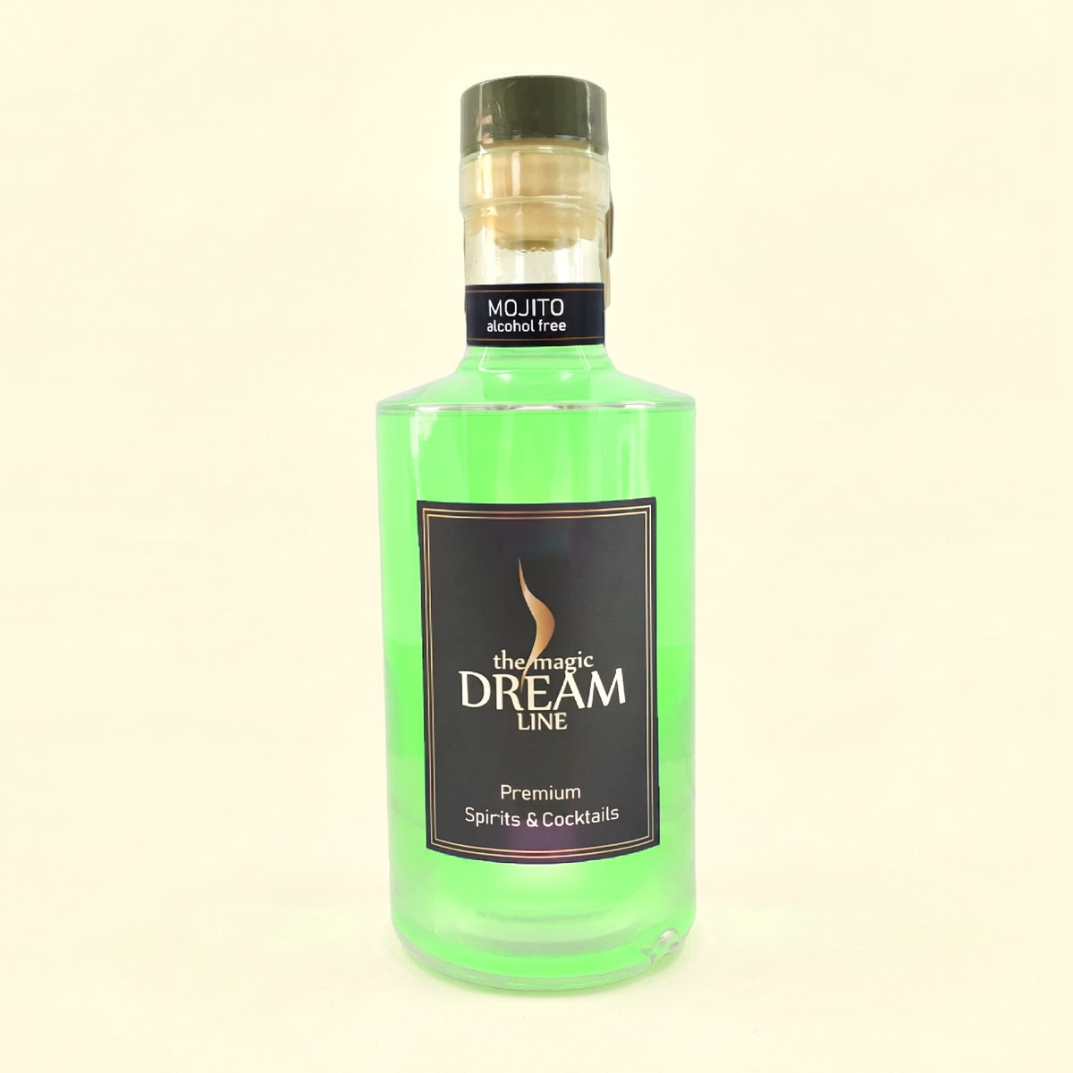 Dream Line Mojito 500 ml bottle on a cream background, front label reading the magic DREAM LINE, Premium Spirits & Cocktails, with a neck band printed MOJITO alcohol free.