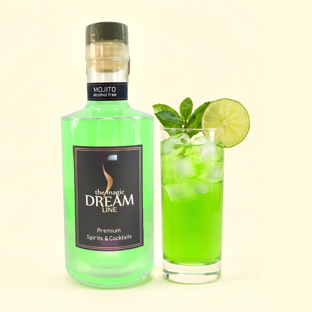 Dream Line Mojito bottle beside a tall highball glass of green mojito over ice with fresh mint and lime, on a cream background.