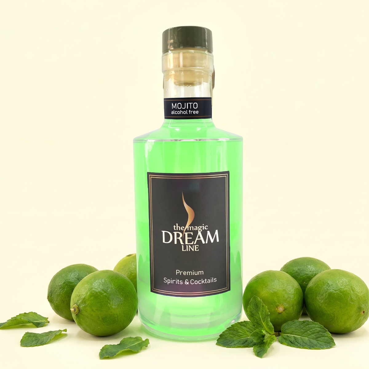 Dream Line Mojito bottle on a cream background with fresh limes and mint leaves arranged at its base.