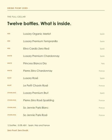 The Full Cellar, what is inside: Lussory Organic Merlot, Lussory Premium Tempranillo, Elivo Cardio Zero Red, Lussory Premium Chardonnay, Princess Blanco Dry, Pierre Zéro Chardonnay, Lussory Rosé, Le Petit Chavin Rosé, Lussory Premium Brut, Pierre Zéro Rosé Sparkling, So Jennie Paris Blanc, So Jennie Paris Rosé