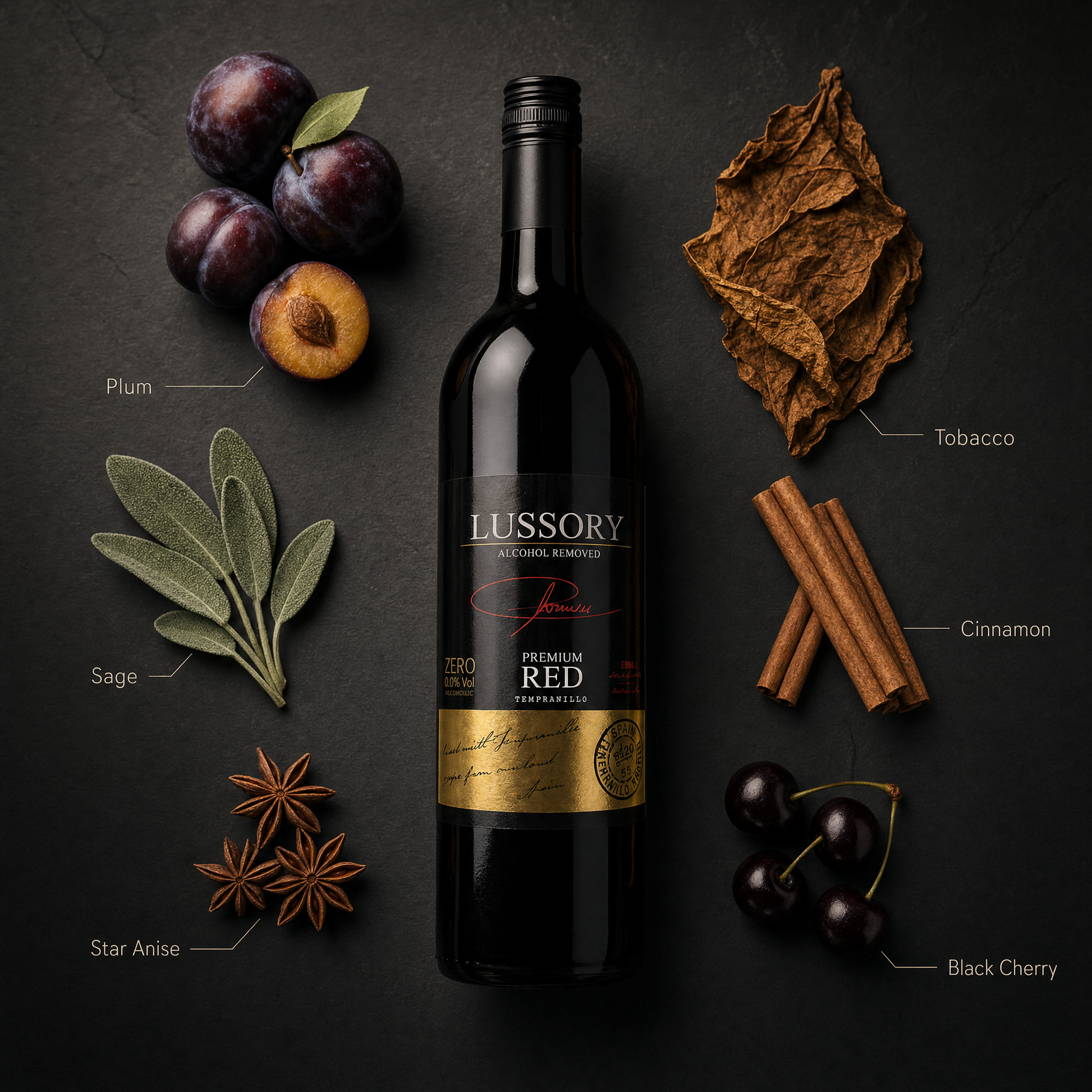 Lussory Premium Tempranillo 0.0% non-alcoholic red wine - tasting flatlay