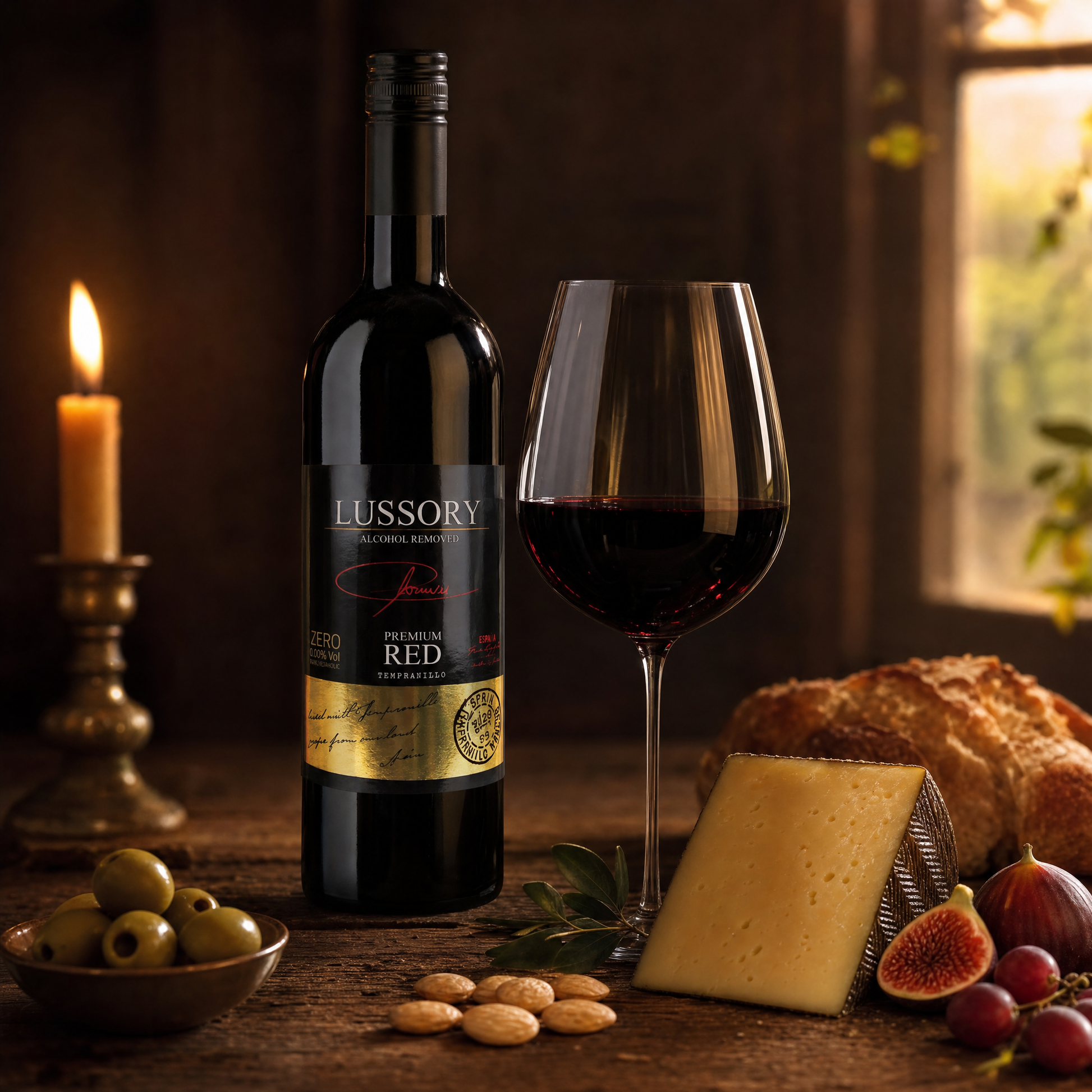 Lussory Premium Tempranillo 0.0% non-alcoholic red wine - halal tablescape