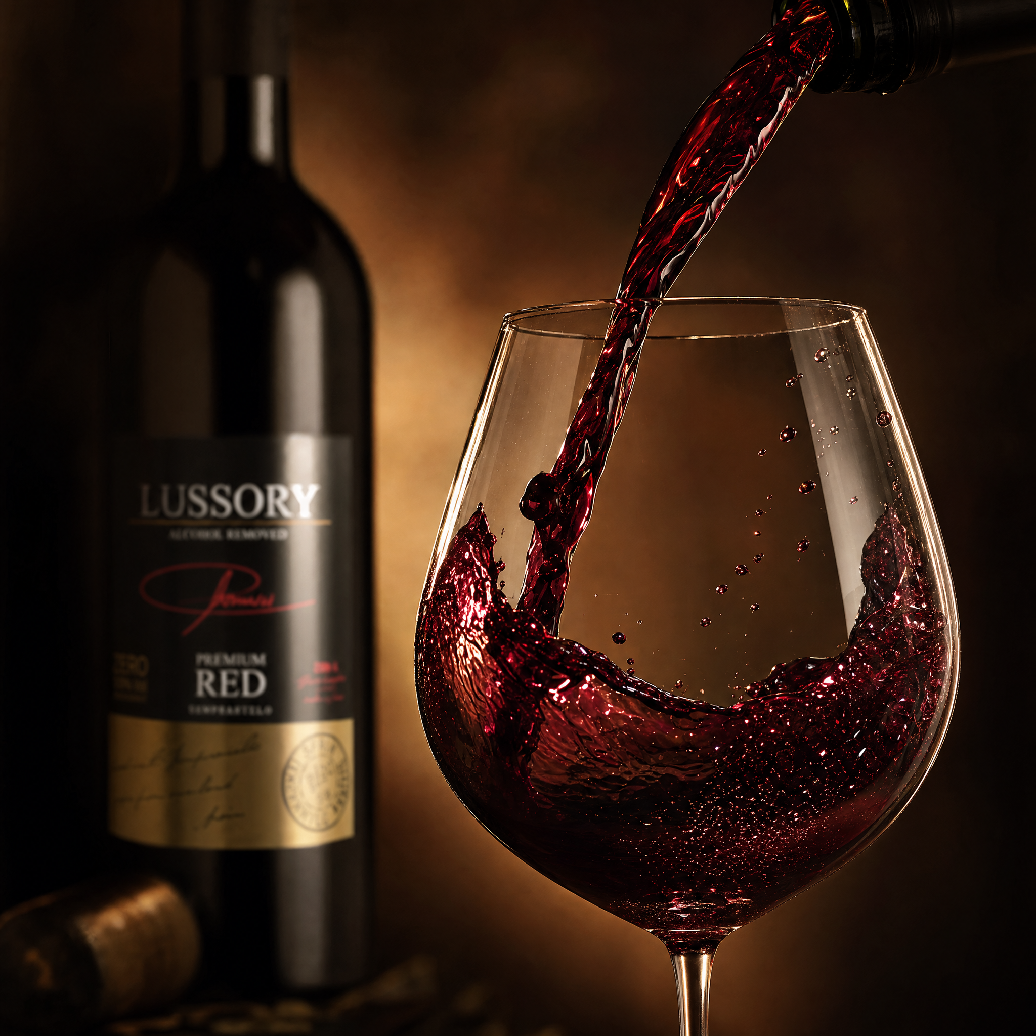 Lussory Premium Tempranillo 0.0% non-alcoholic red wine - pour macro