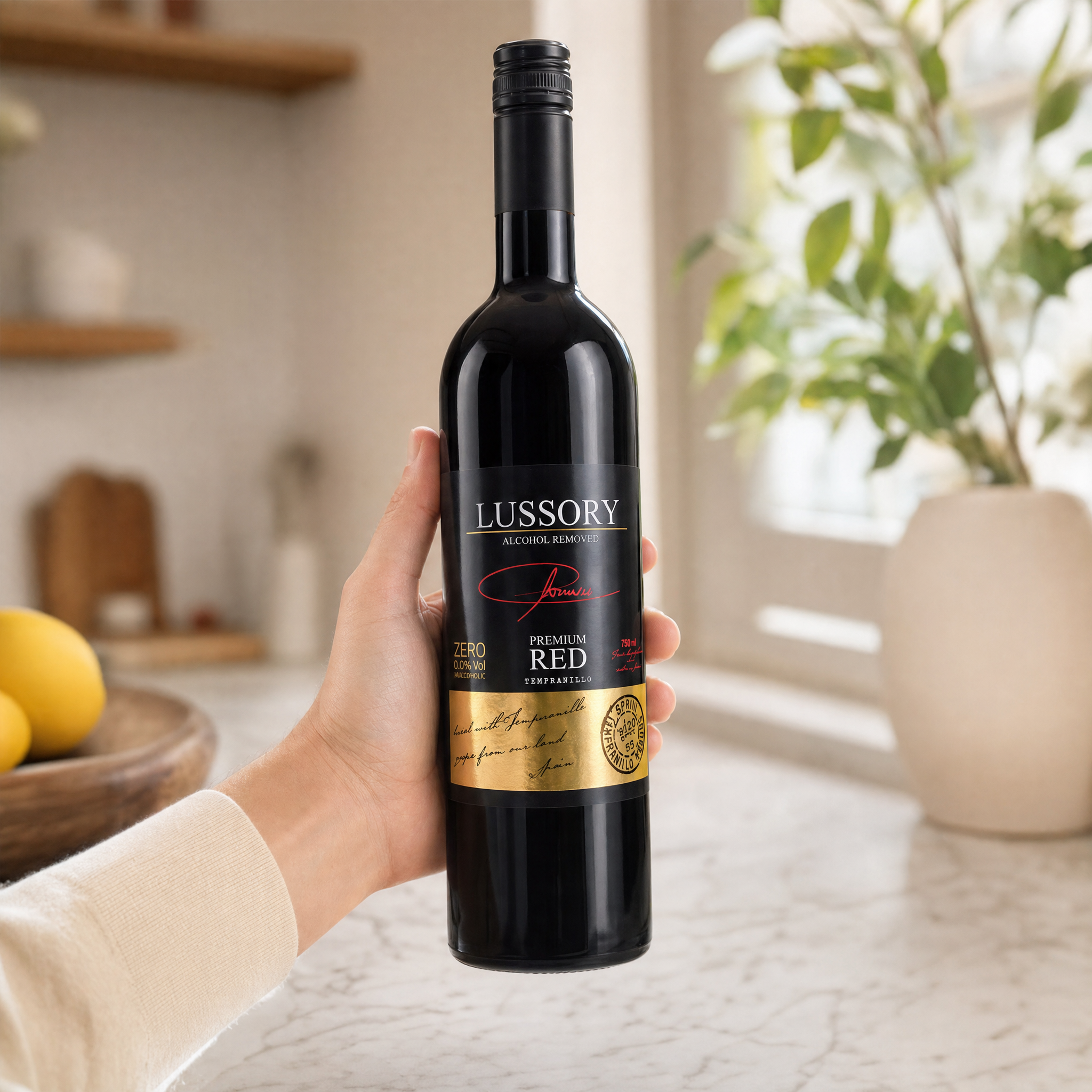 Lussory Premium Tempranillo 0.0% non-alcoholic red wine - scale in hand