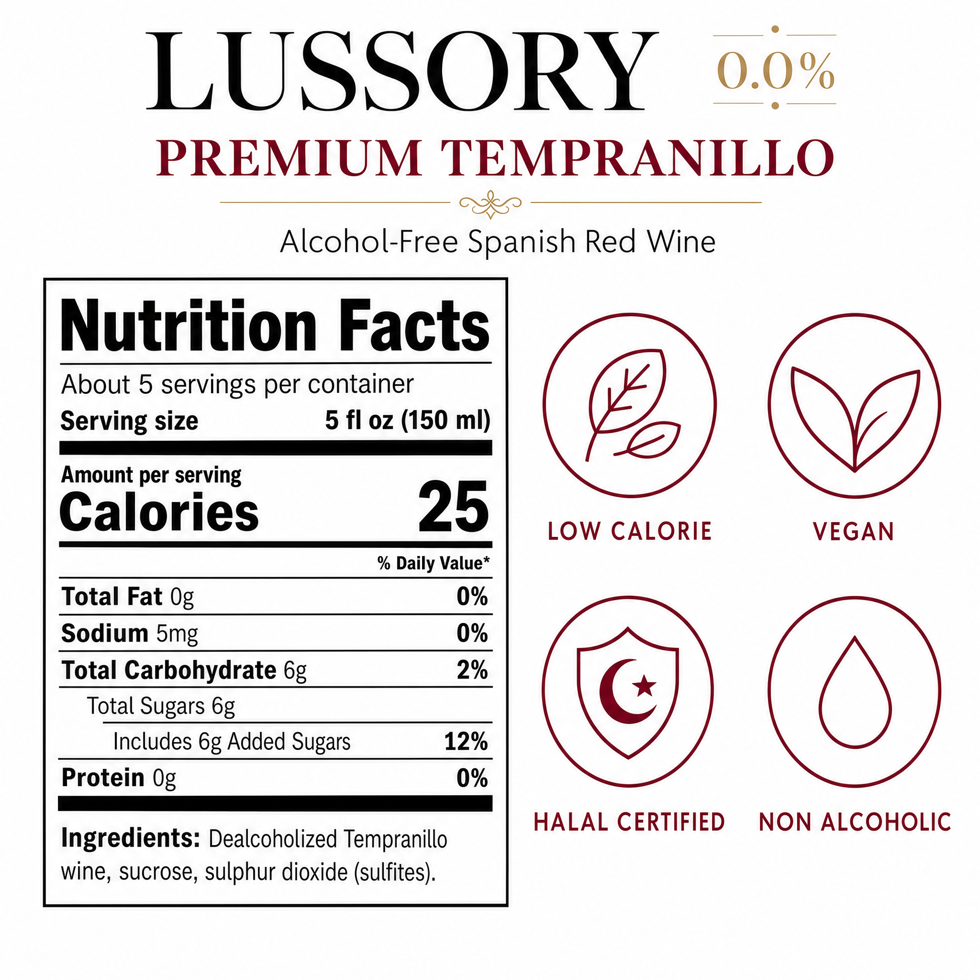 Lussory Premium Tempranillo 0.0% non-alcoholic red wine - nutrition facts