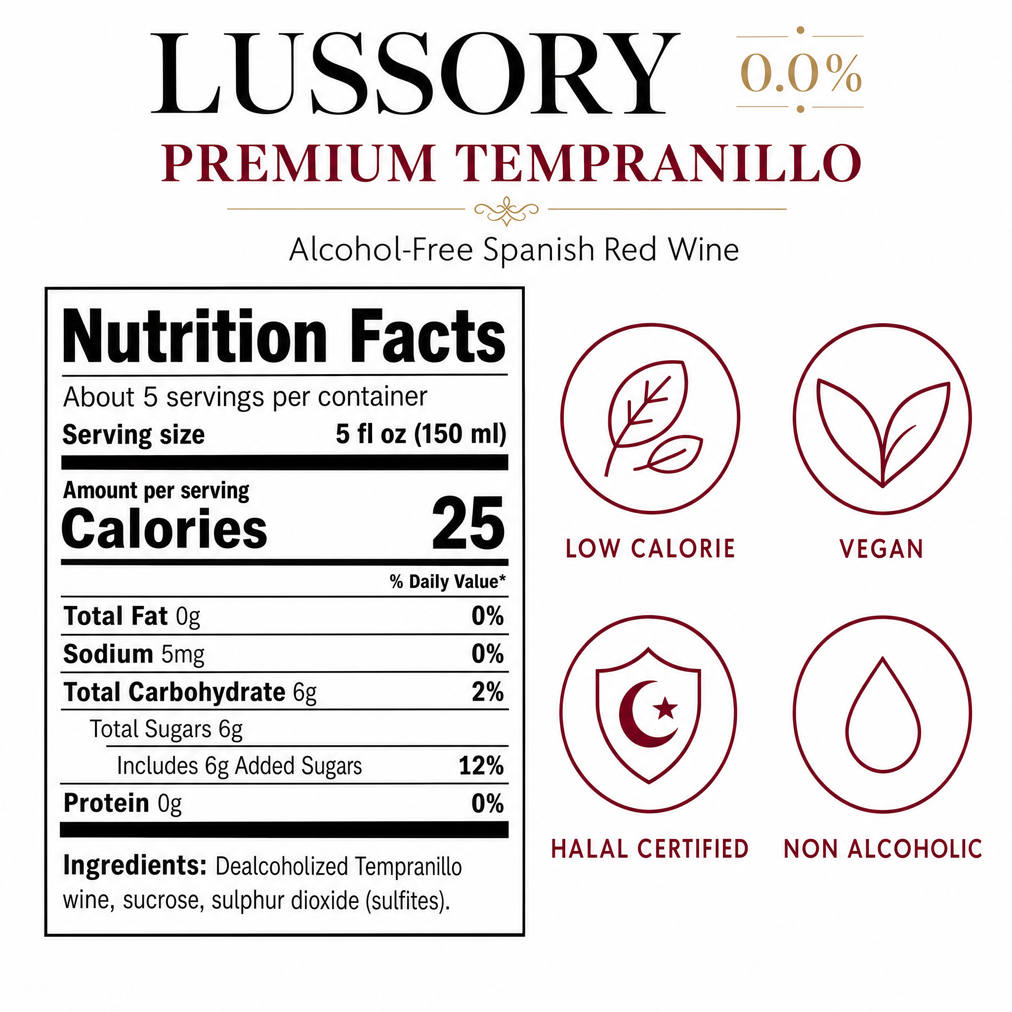 Lussory Premium Tempranillo 0.0% non-alcoholic red wine - nutrition facts