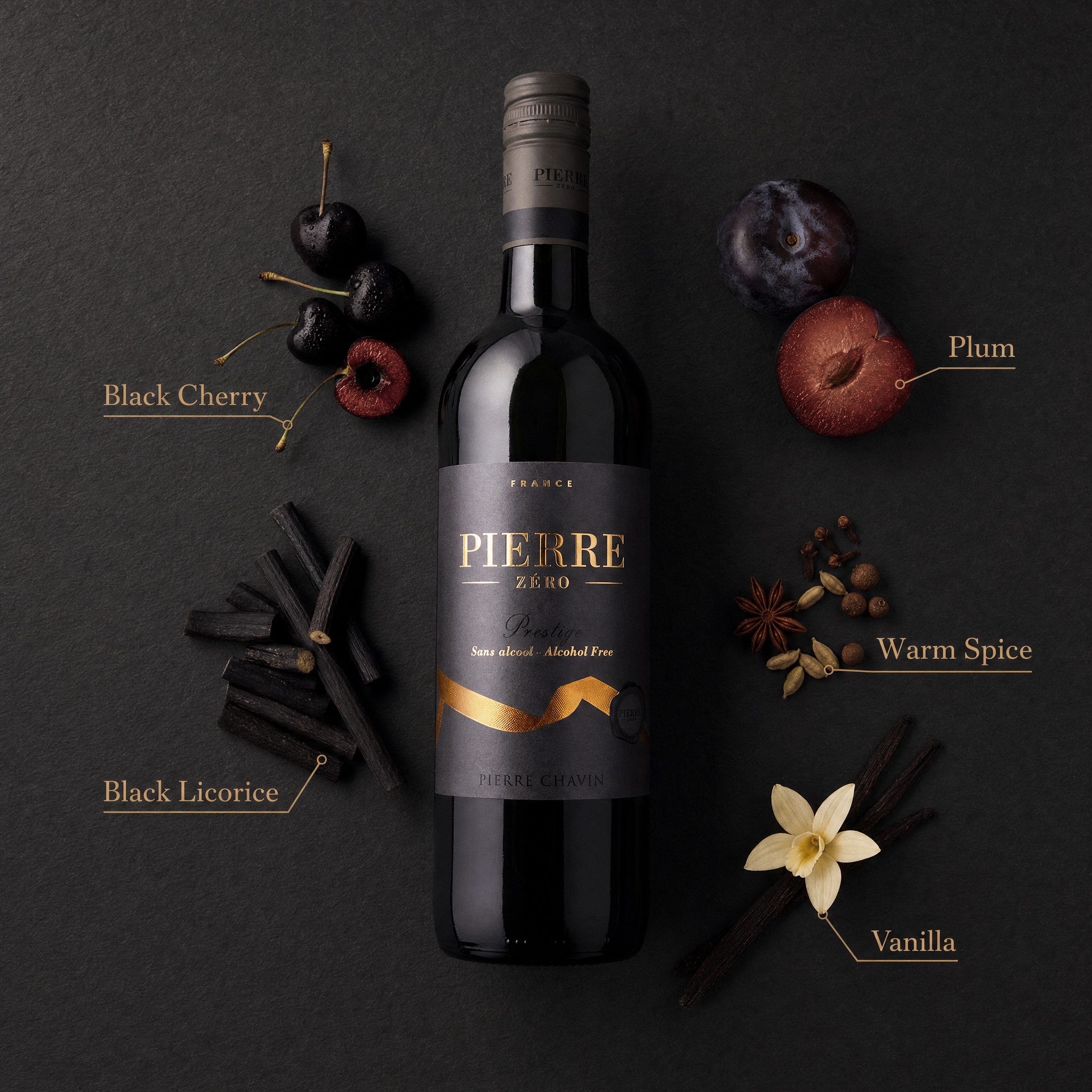 Pierre Chavin Prestige 0.0% with tasting notes of cherry, plum and vanilla