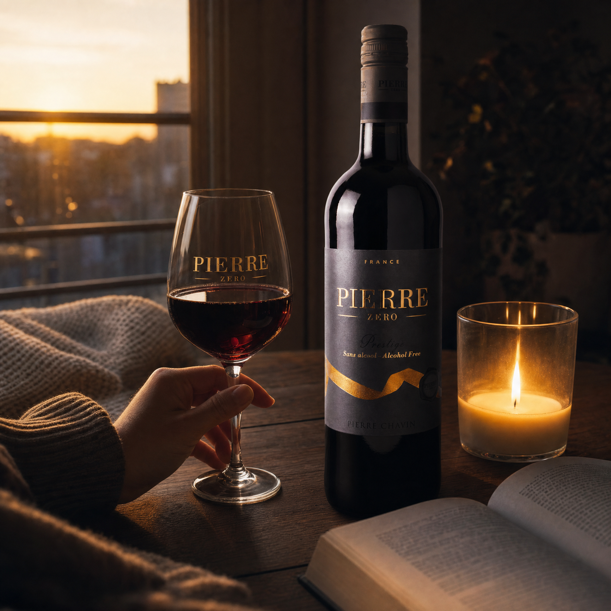 Enjoying a glass of Pierre Chavin Prestige 0.0% non-alcoholic red blend on a French evening