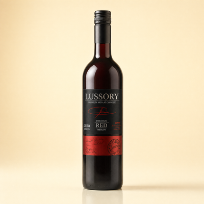 Lussory Premium Merlot non-alcoholic 0.0% red wine bottle on a cream background