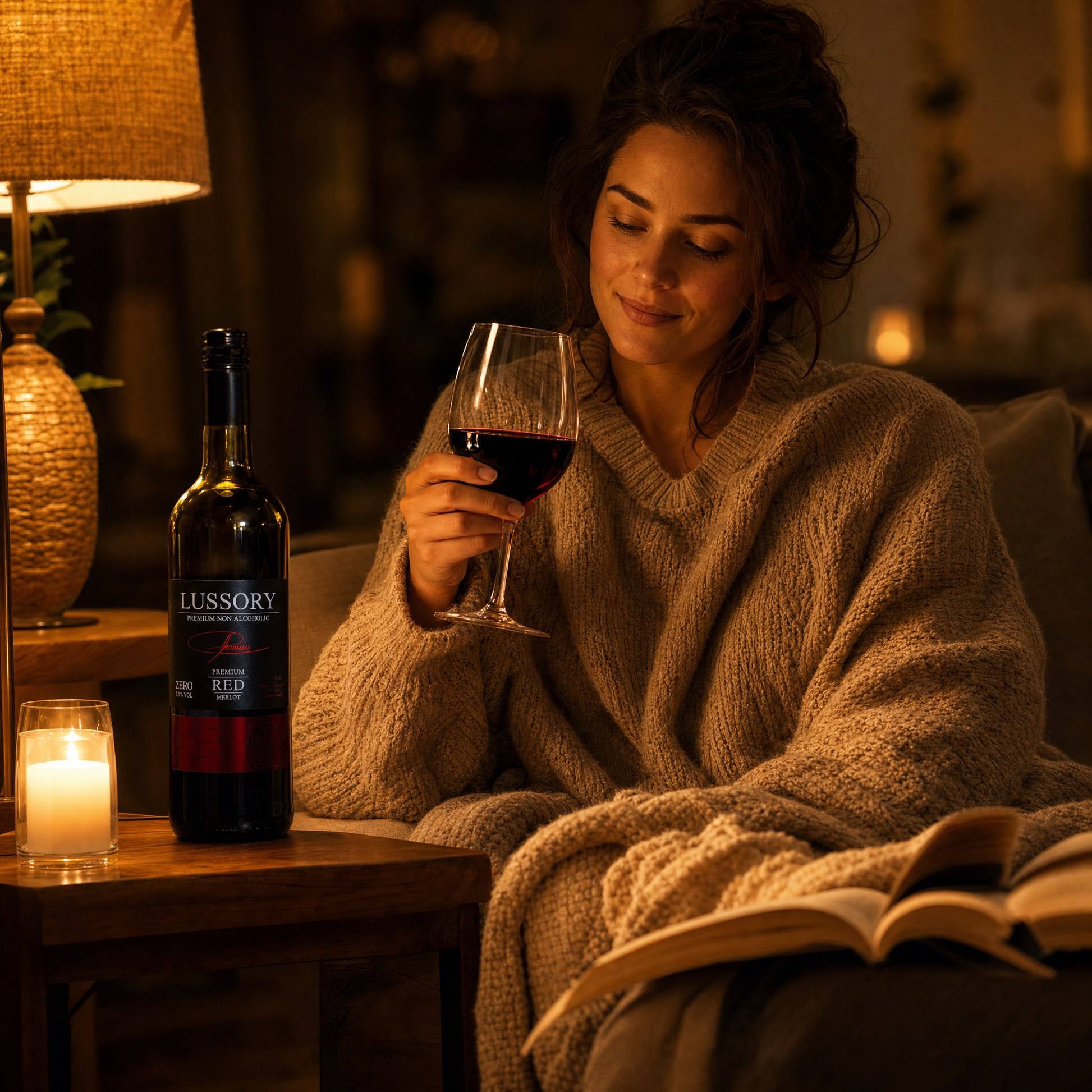 Woman enjoying a glass of Lussory Premium Merlot 0.0% non-alcoholic red wine on a cozy evening