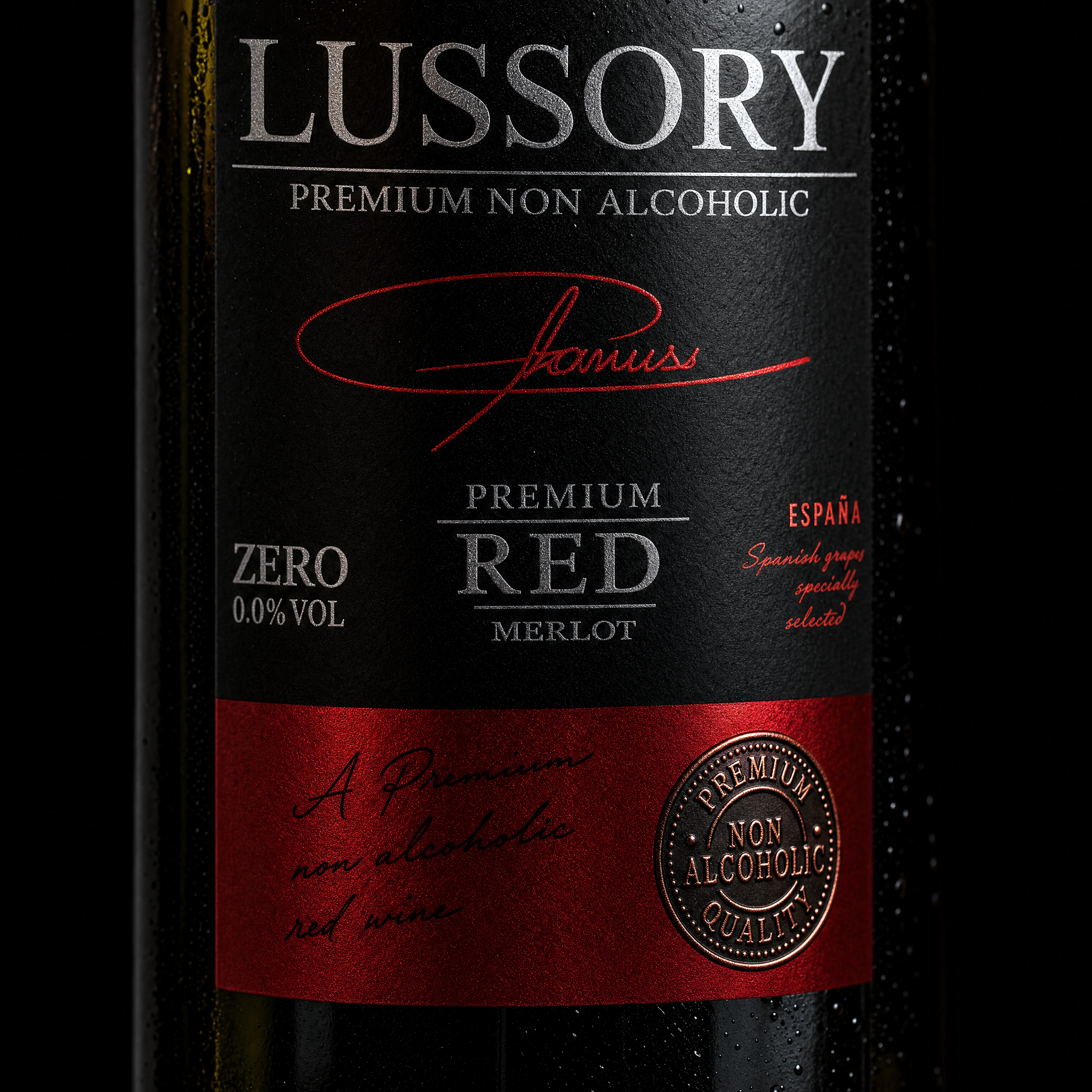 Close-up of the Lussory Premium Merlot 0.0% non-alcoholic red wine label