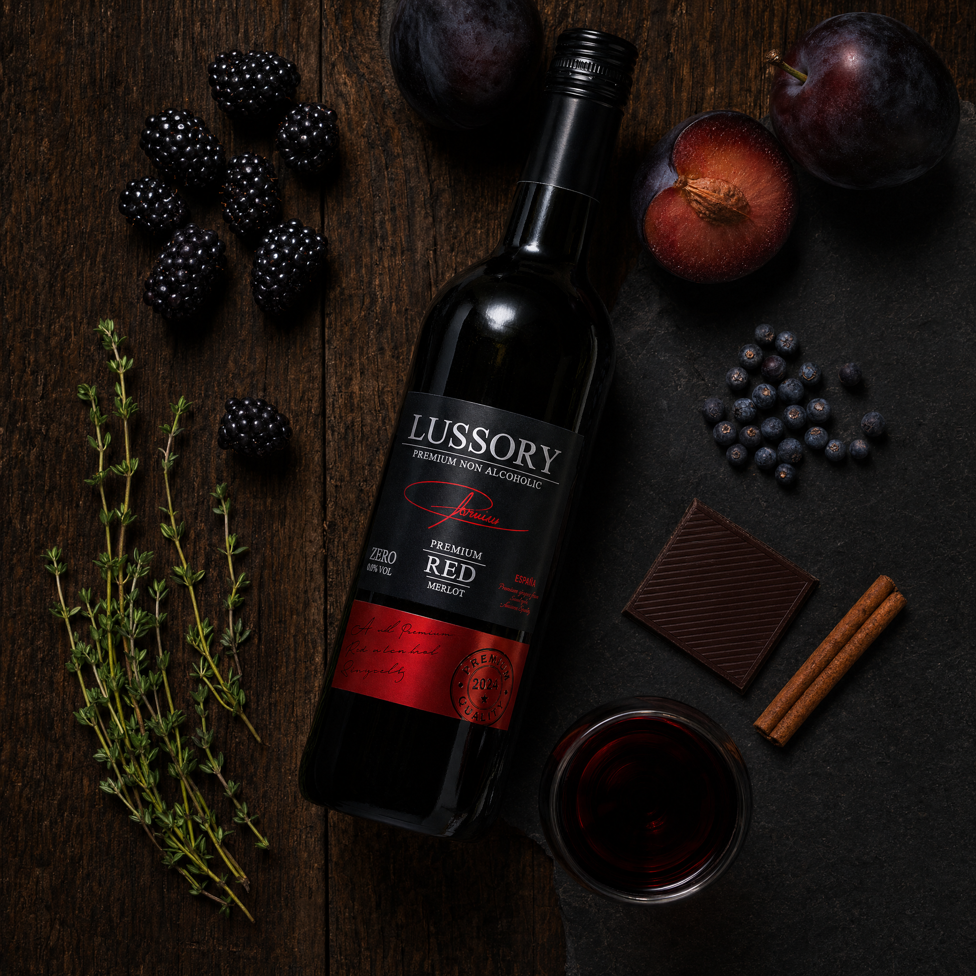 Lussory Premium Merlot 0.0% with tasting notes of blackberry, plum and juniper