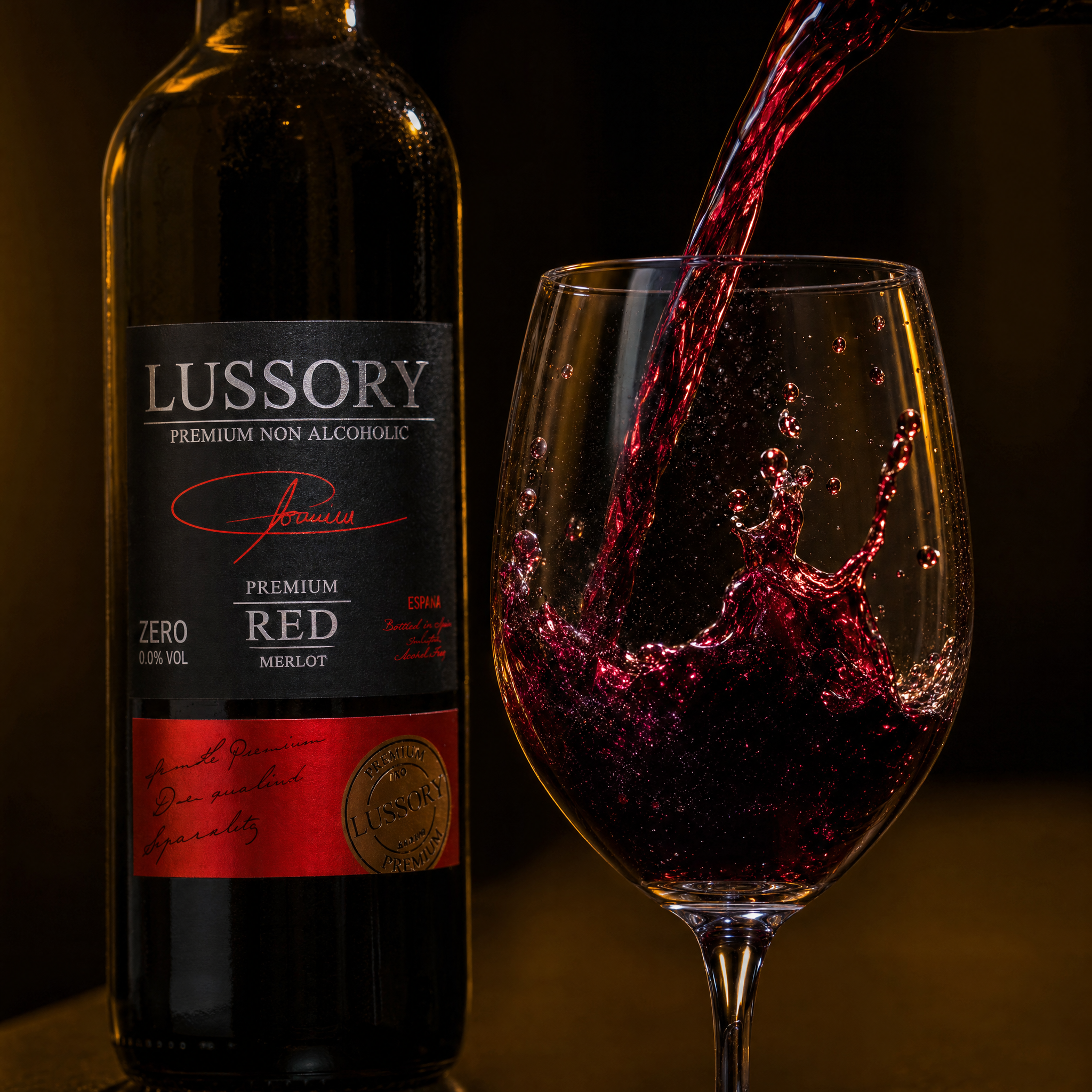 Pouring Lussory Premium Merlot 0.0% non-alcoholic red wine into a glass