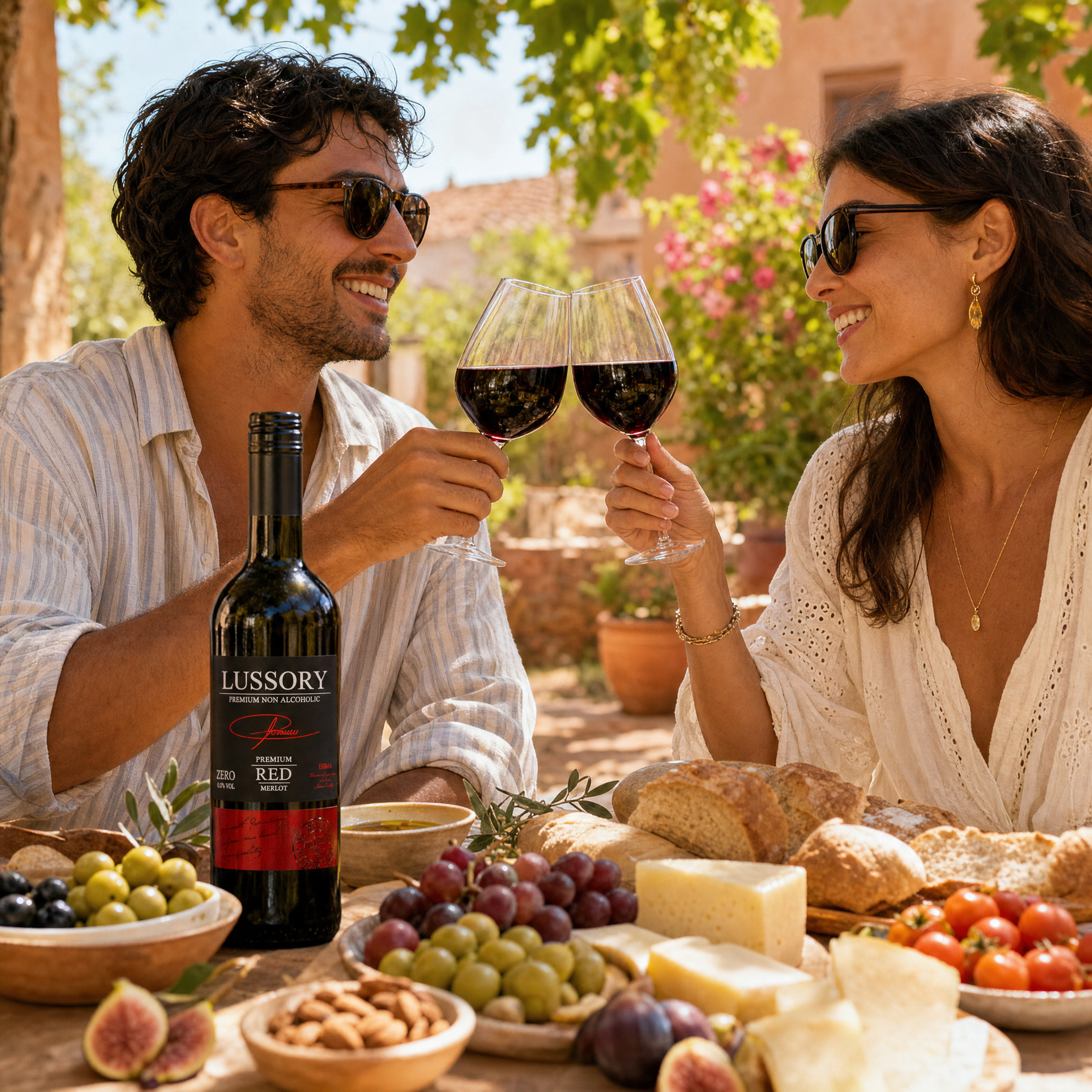 Friends toasting Lussory Premium Merlot 0.0% on a sunny Spanish terrace