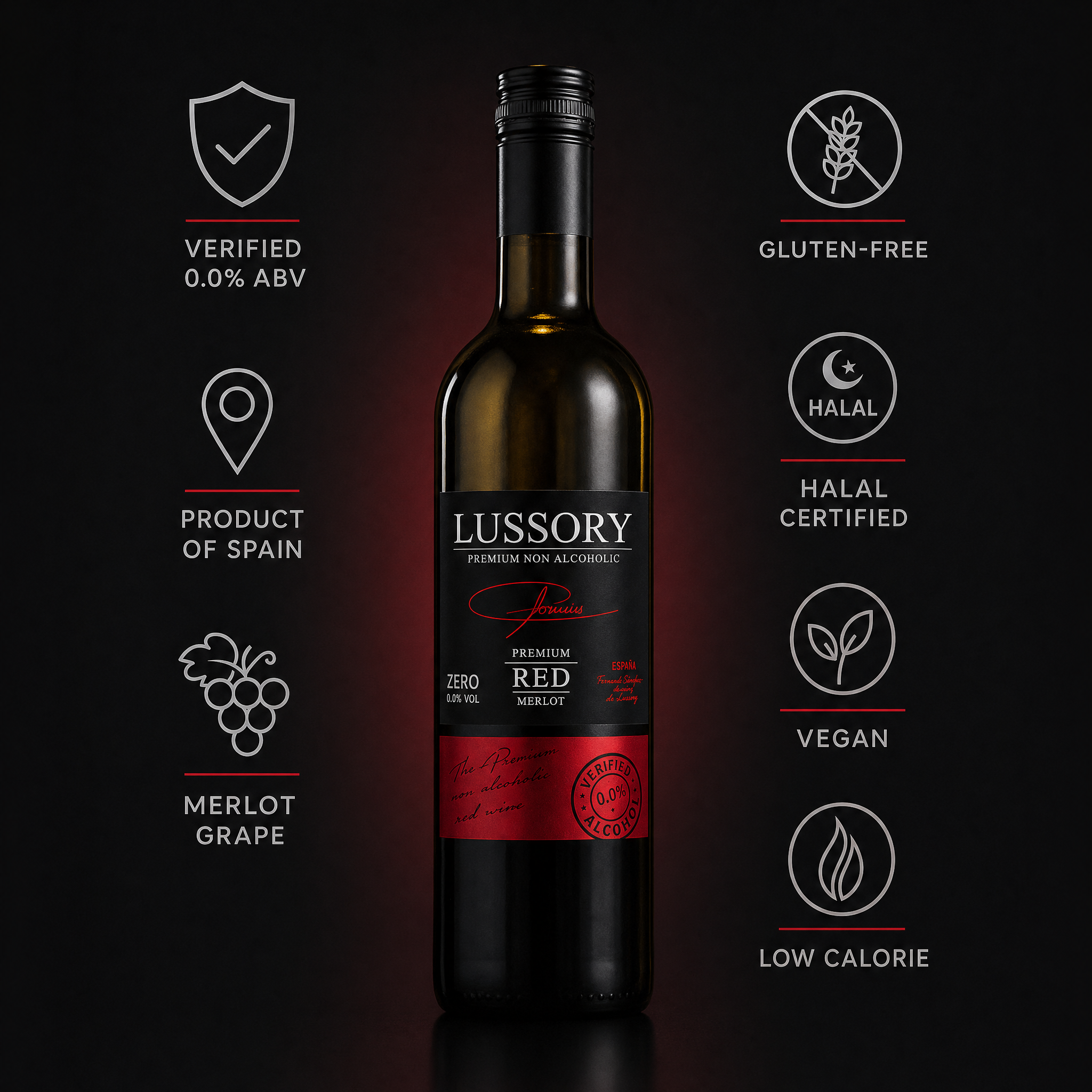 Lussory Premium Merlot 0.0% benefits: 0.0% ABV, product of Spain, Merlot grape, gluten-free, halal certified, vegan, low calorie