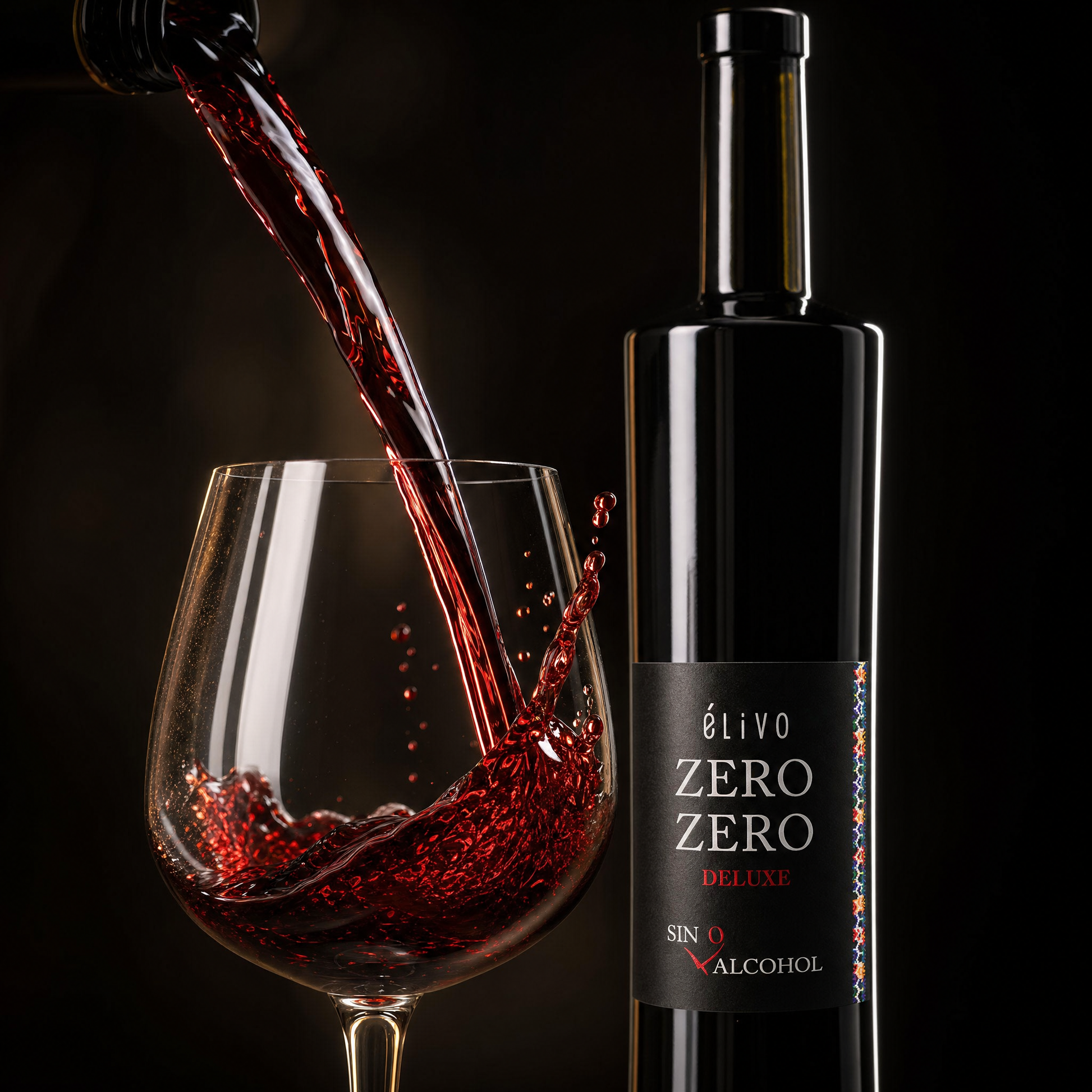 Pouring Elivo Zero Zero Deluxe Red 0.0% non-alcoholic wine into a glass