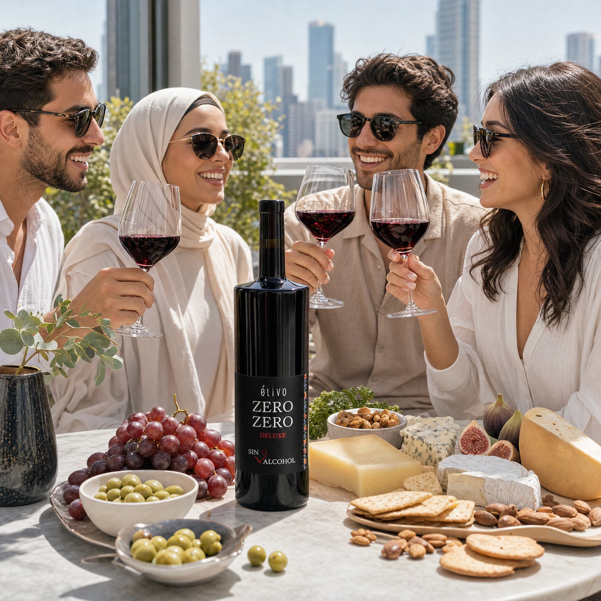 Friends enjoying Elivo Zero Zero Deluxe Red 0.0% on a modern rooftop terrace