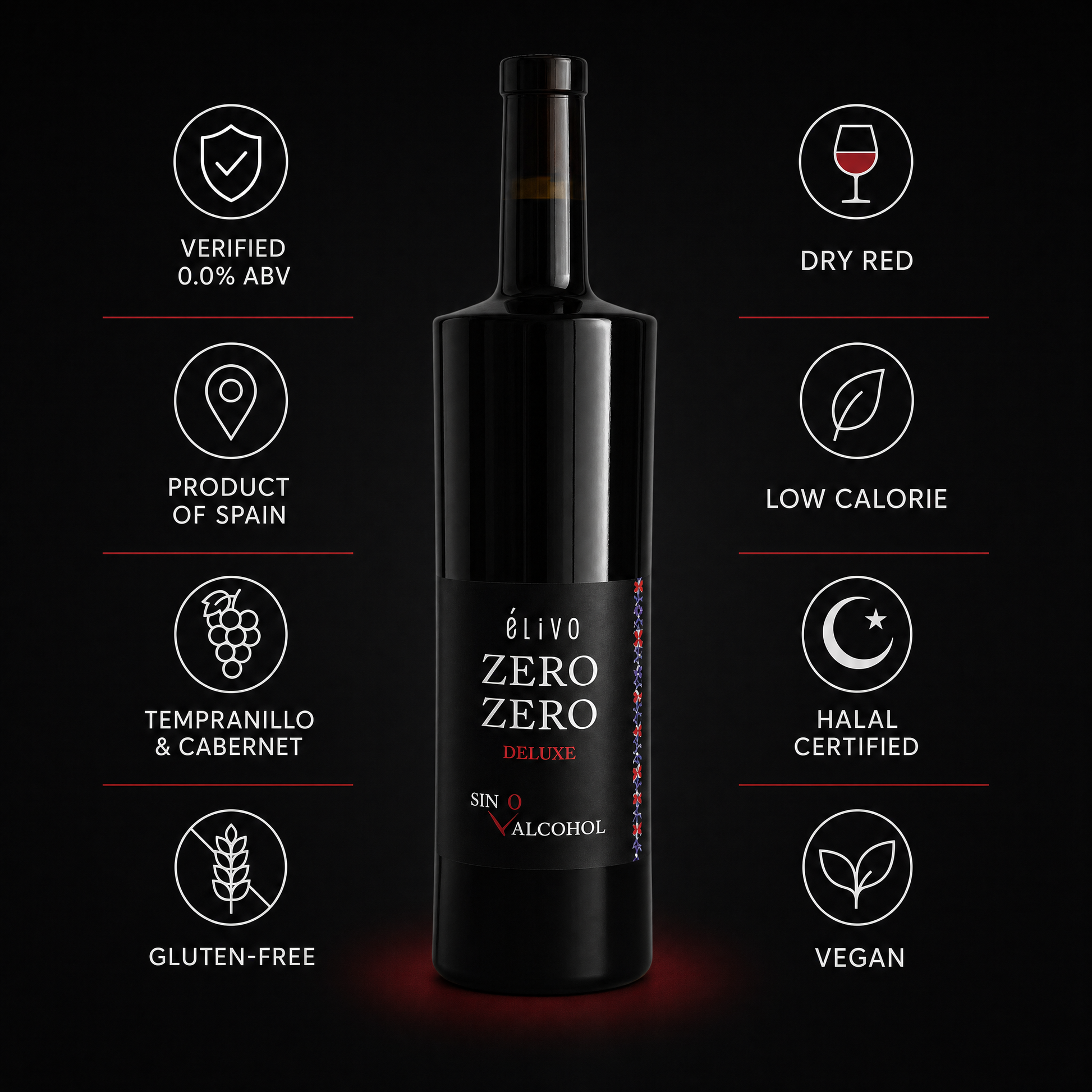 Elivo Zero Zero Deluxe Red 0.0% benefits: verified 0.0% ABV, product of Spain, Tempranillo and Cabernet, gluten-free, dry red, low calorie, halal certified, vegan