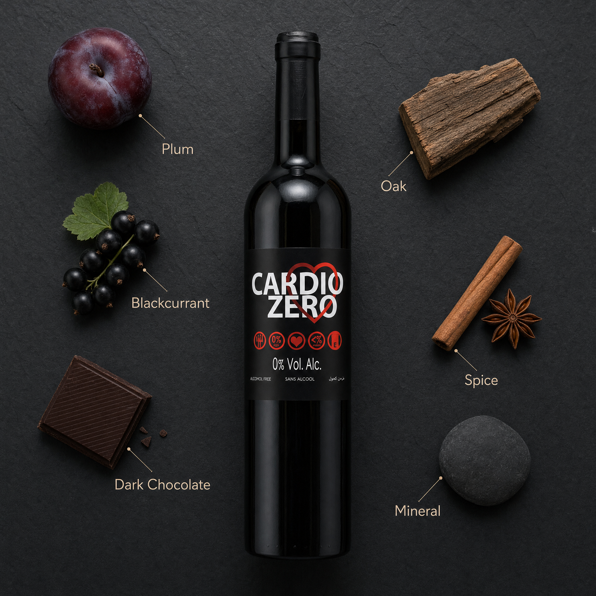 Élivo Cardio Zero Red 0.0% with tasting notes of plum, blackcurrant, dark chocolate and oak