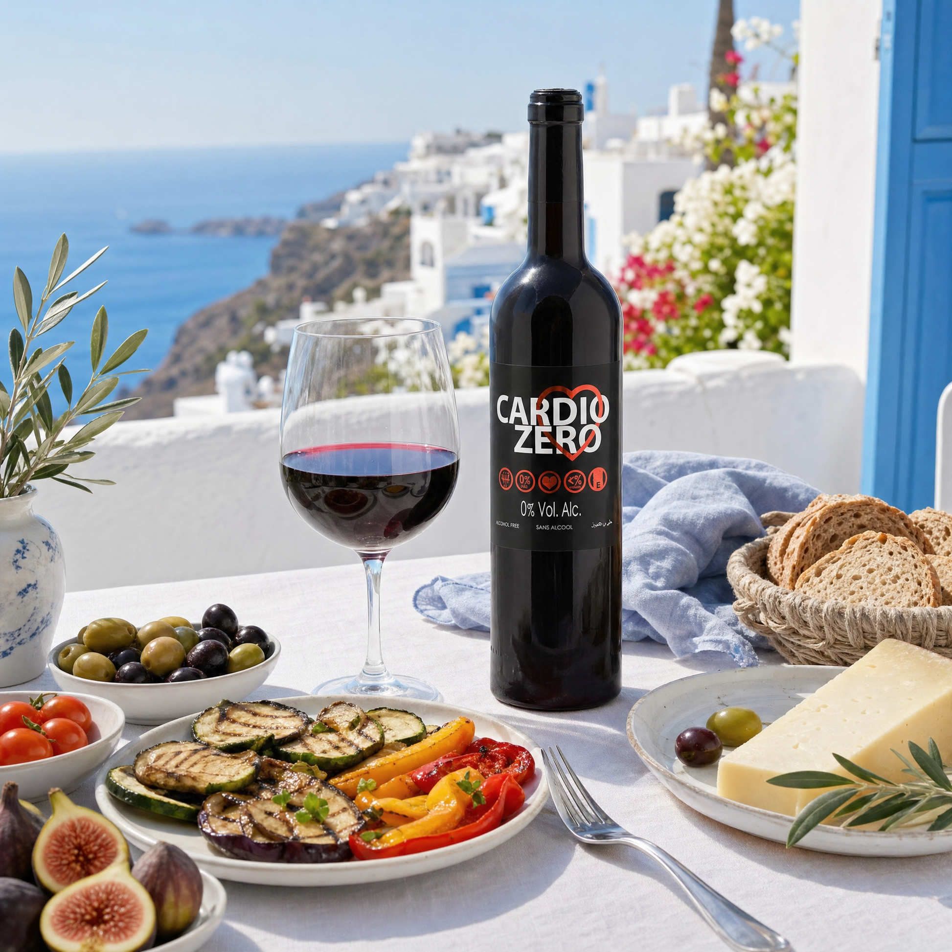 Élivo Cardio Zero Red 0.0% at a sunny Mediterranean seaside lunch