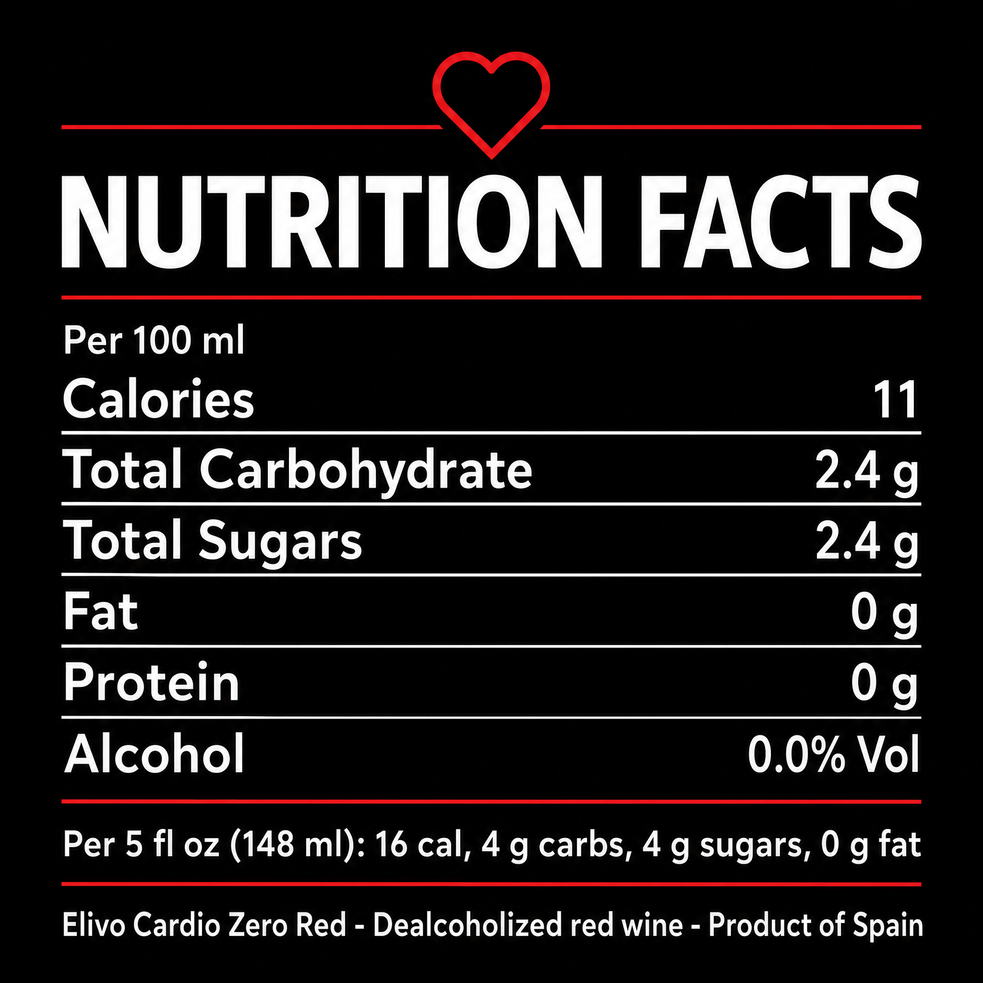 Élivo Cardio Zero Red 0.0% nutrition facts panel, 11 kcal per 100ml