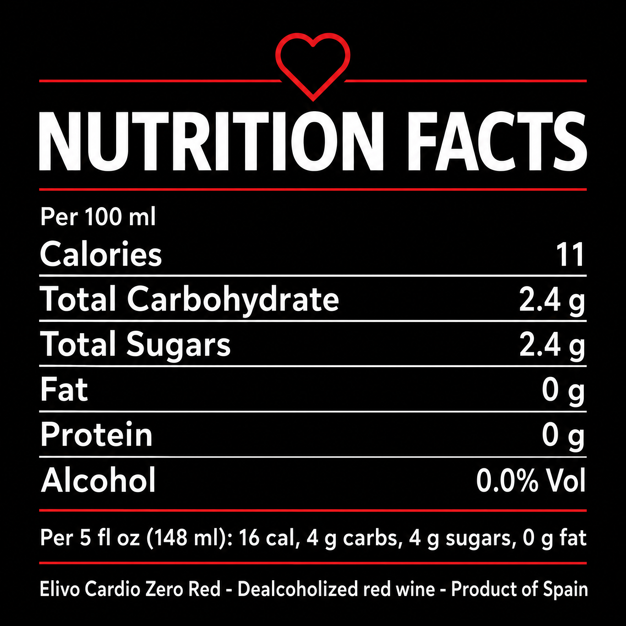 Élivo Cardio Zero Red 0.0% nutrition facts panel, 11 kcal per 100ml