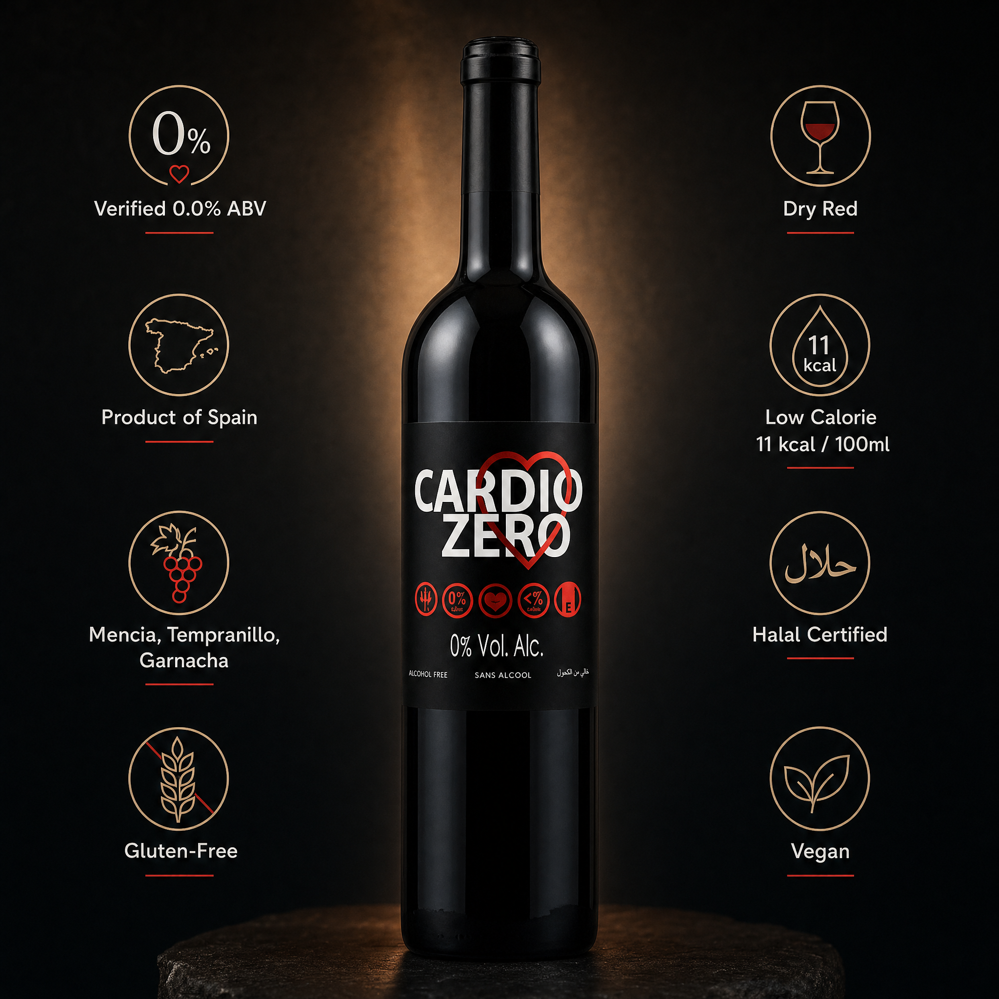 Élivo Cardio Zero Red 0.0% benefits: 0.0% ABV, product of Spain, Mencía Tempranillo Garnacha, gluten-free, dry red, low calorie, halal certified, vegan