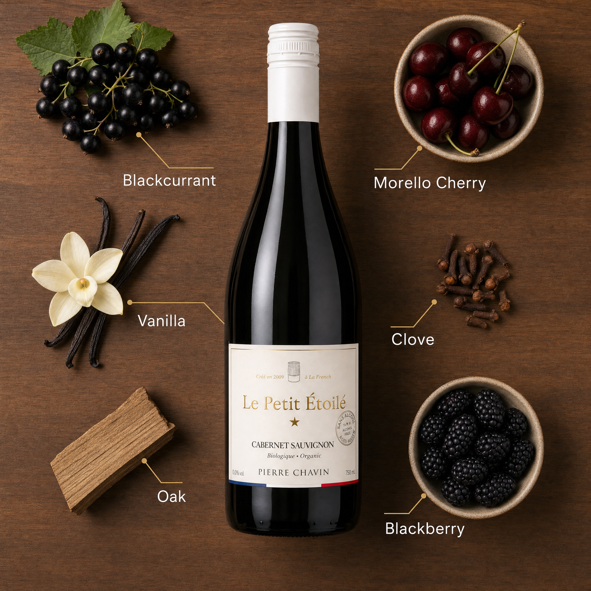 Le Petit Étoilé 0.0% with tasting notes of blackcurrant, morello cherry, vanilla and clove