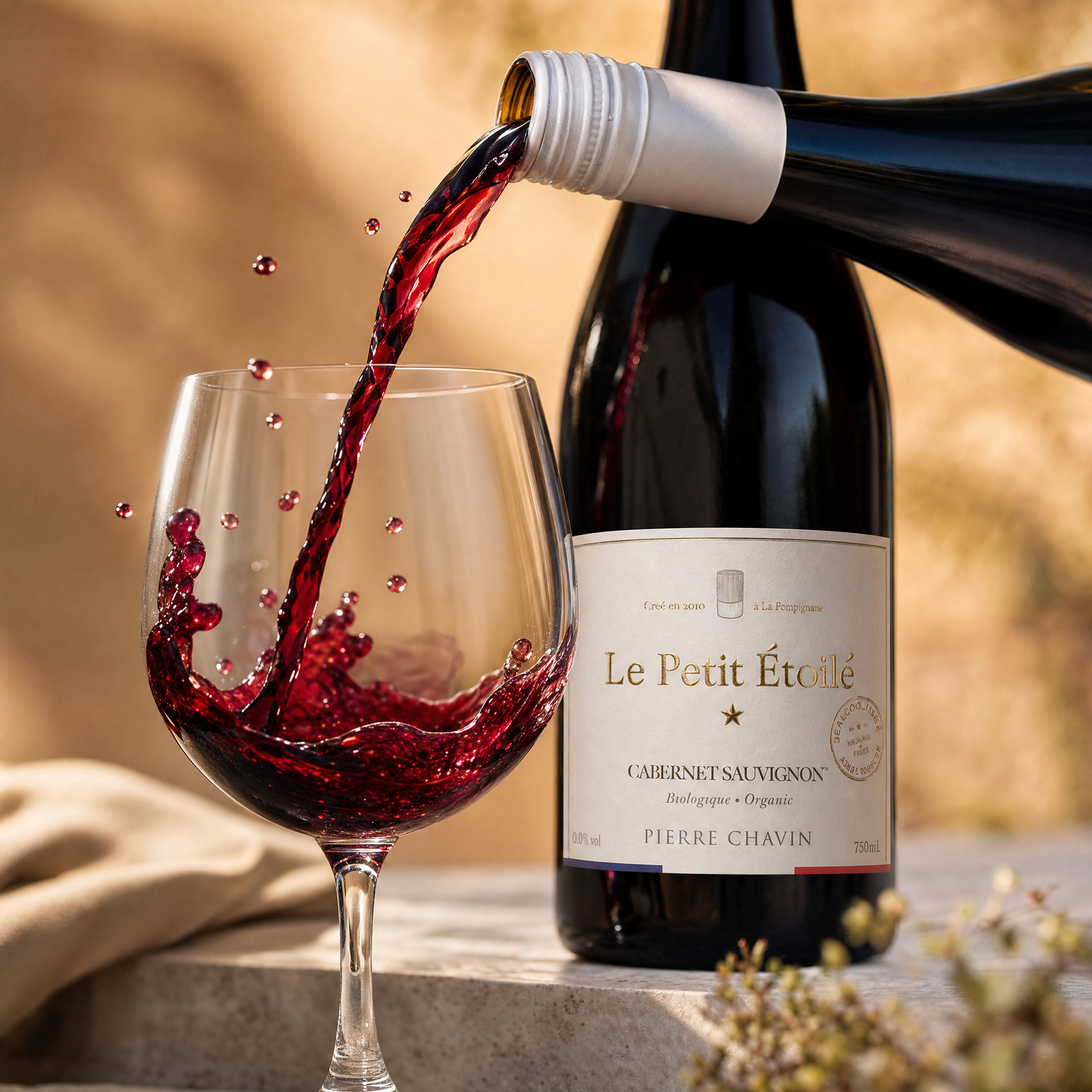Pouring Le Petit Étoilé Cabernet Sauvignon 0.0% non-alcoholic red wine into a glass