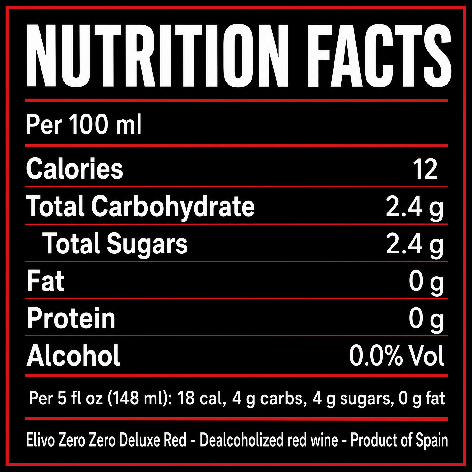 Elivo Zero Zero Deluxe Red 0.0% nutrition facts panel - 12 kcal per 100ml
