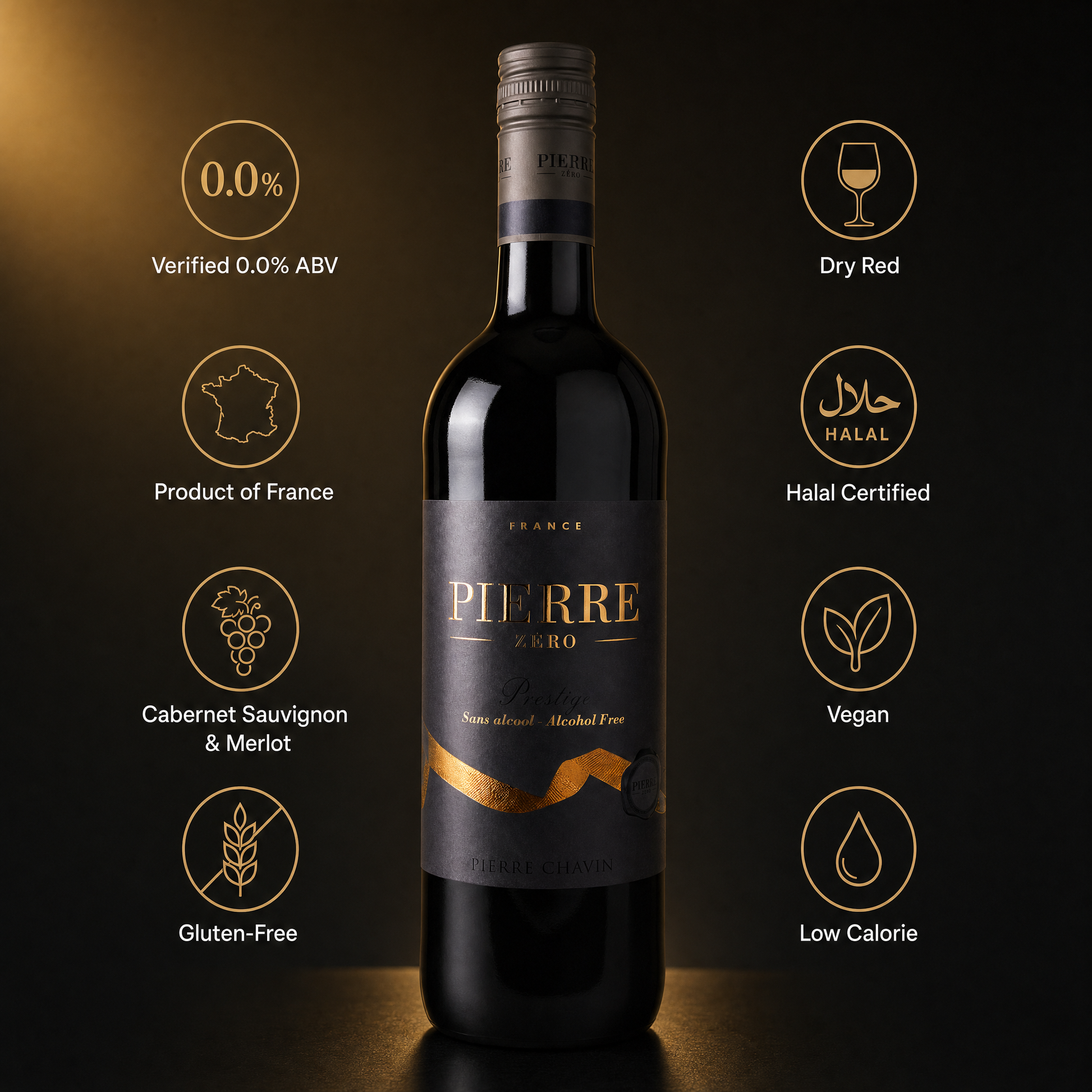 Pierre Chavin Prestige 0.0% benefits: 0.0% ABV, product of France, Cabernet Sauvignon and Merlot, gluten-free, dry red, halal certified, vegan, low calorie