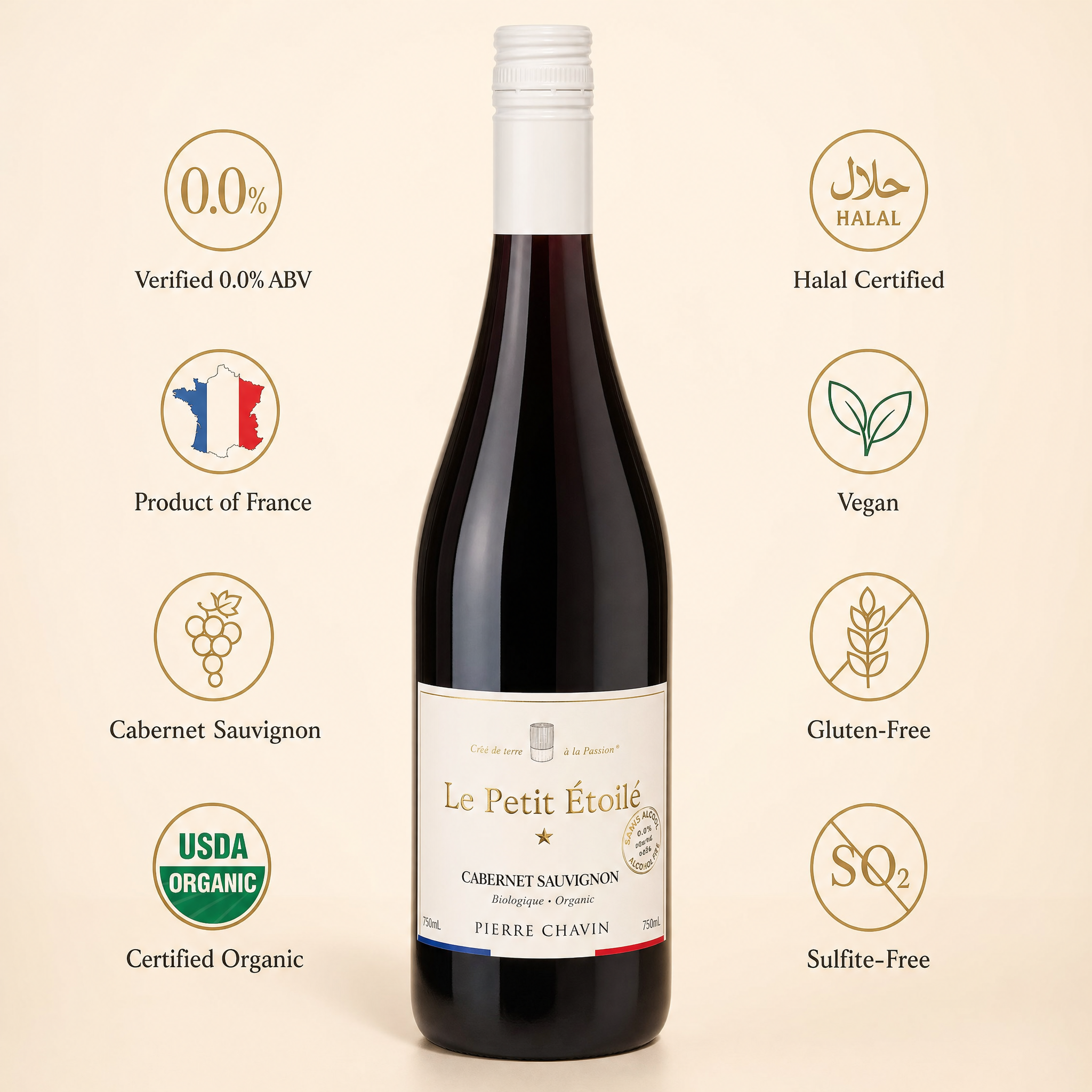 Le Petit Étoilé 0.0% benefits: verified 0.0% ABV, product of France, Cabernet Sauvignon, certified organic, halal certified, vegan, gluten-free, sulfite-free