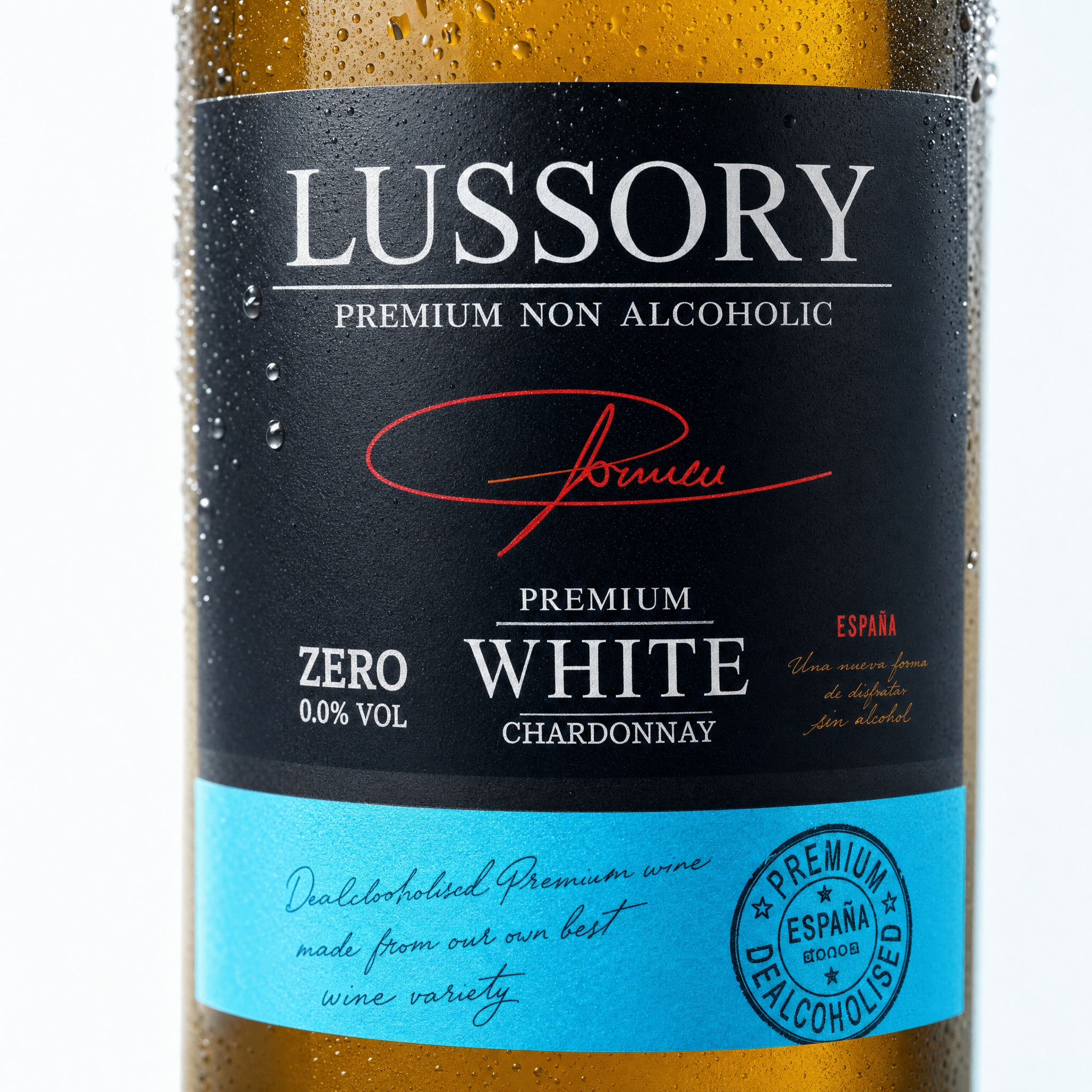 Lussory Premium Chardonnay 0.0% — label close-up, Zero 0.0% Vol