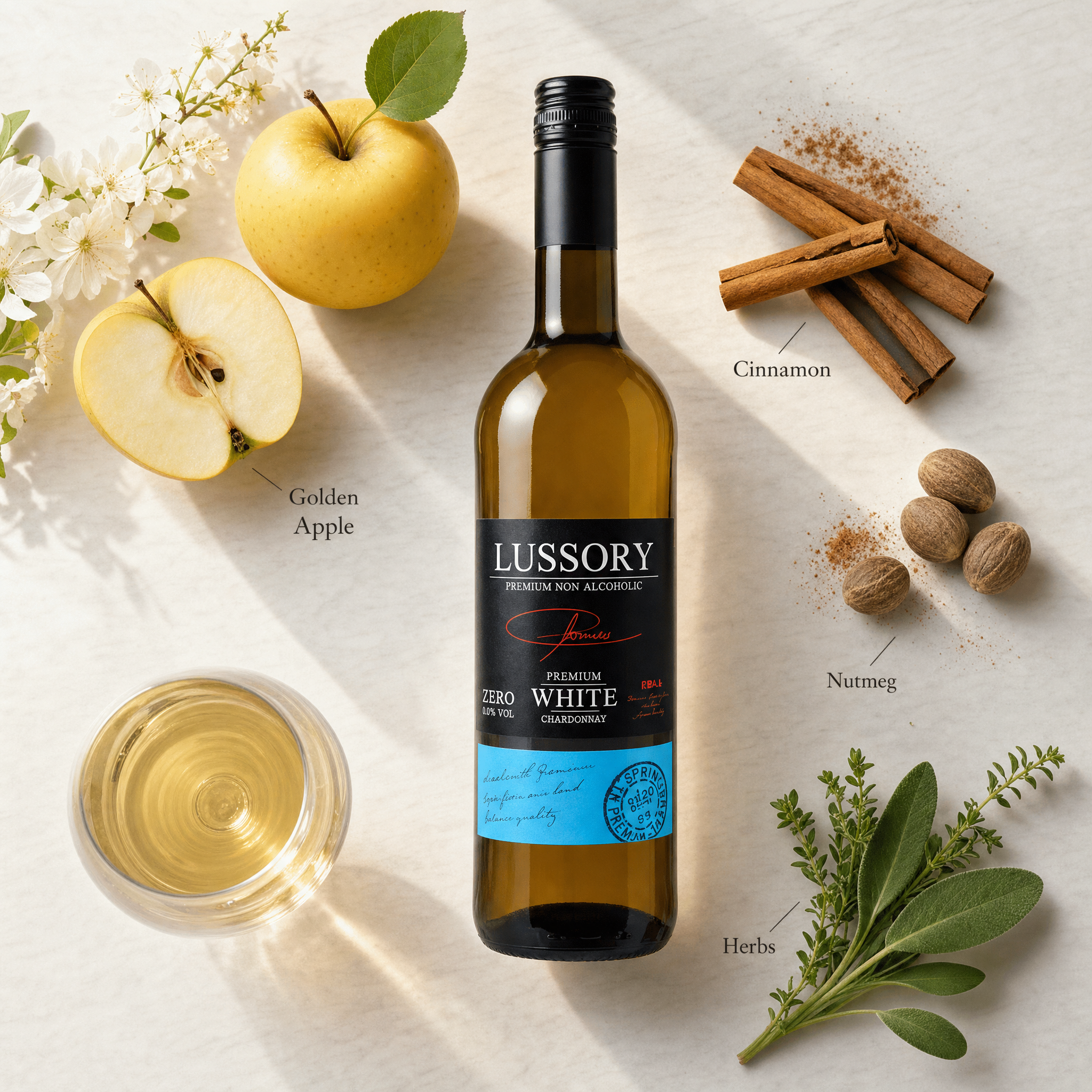 Lussory Premium Chardonnay 0.0% — tasting notes flatlay