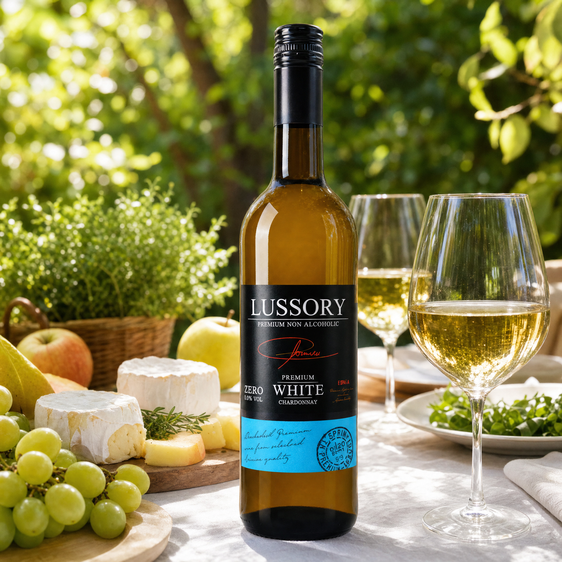 Lussory Premium Chardonnay 0.0% — sunlit garden lunch