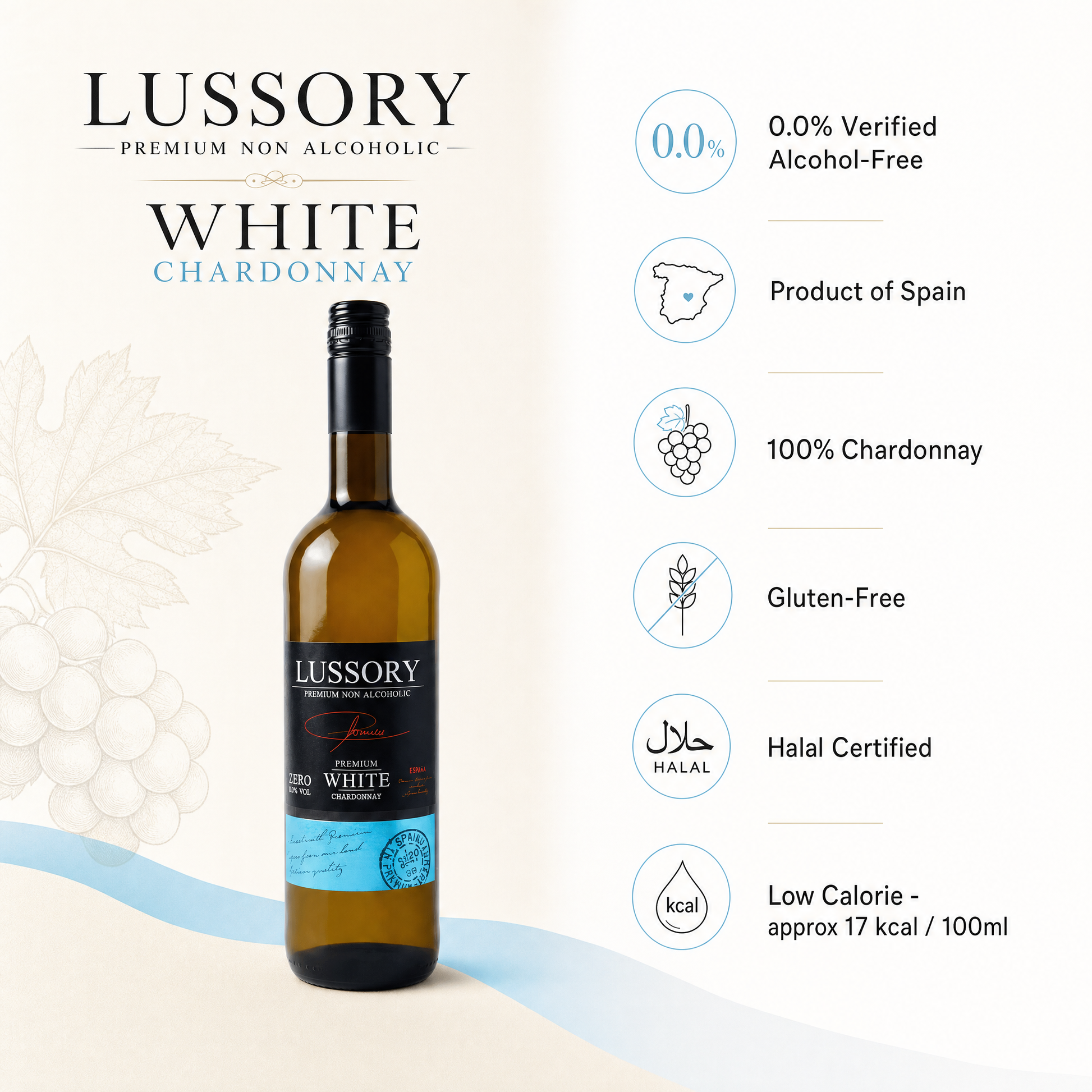 Lussory Premium Chardonnay 0.0% — benefits: 0.0%, Halal, Gluten-Free
