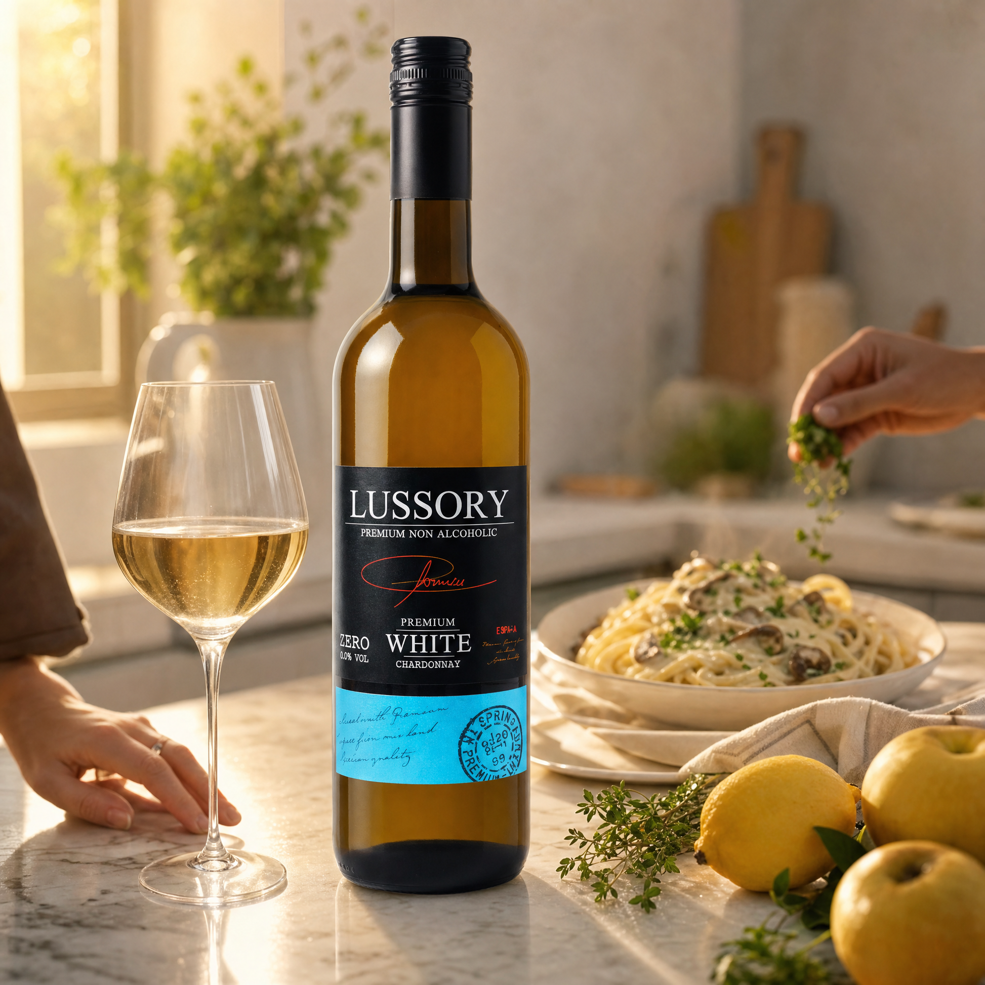 Lussory Premium Chardonnay 0.0% — poured in a warm kitchen