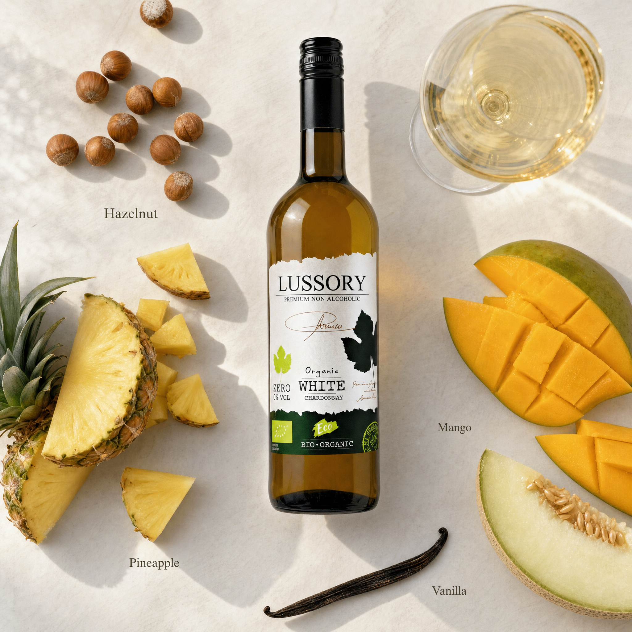 Lussory Organic Chardonnay 0.0% — tasting notes flatlay