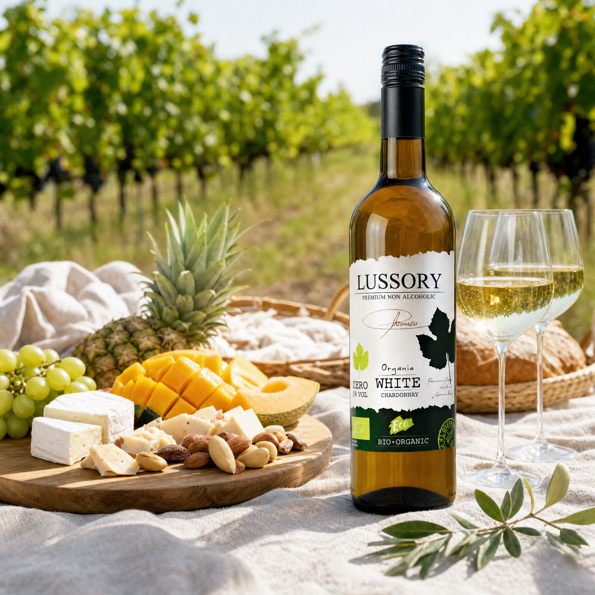 Lussory Organic Chardonnay 0.0% — organic vineyard picnic