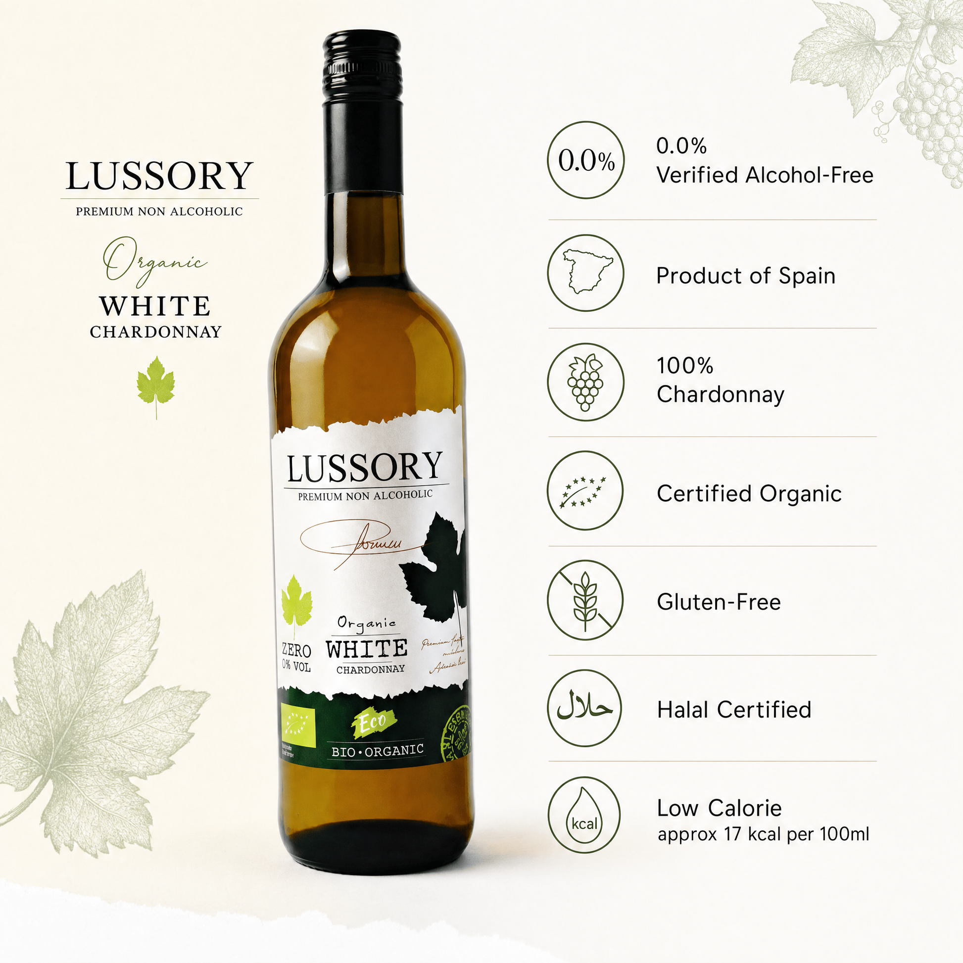 Lussory Organic Chardonnay 0.0% — benefits: 0.0%, Organic, Halal, Gluten-Free